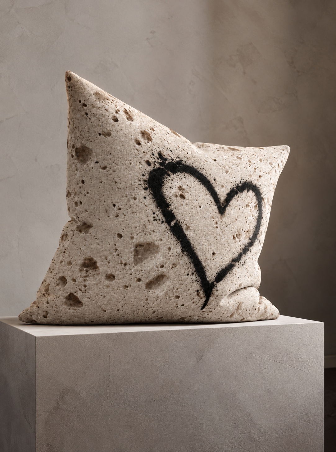 Black Graffiti Heart on Ivory Stone Decorative Pillow — 22" × 22"