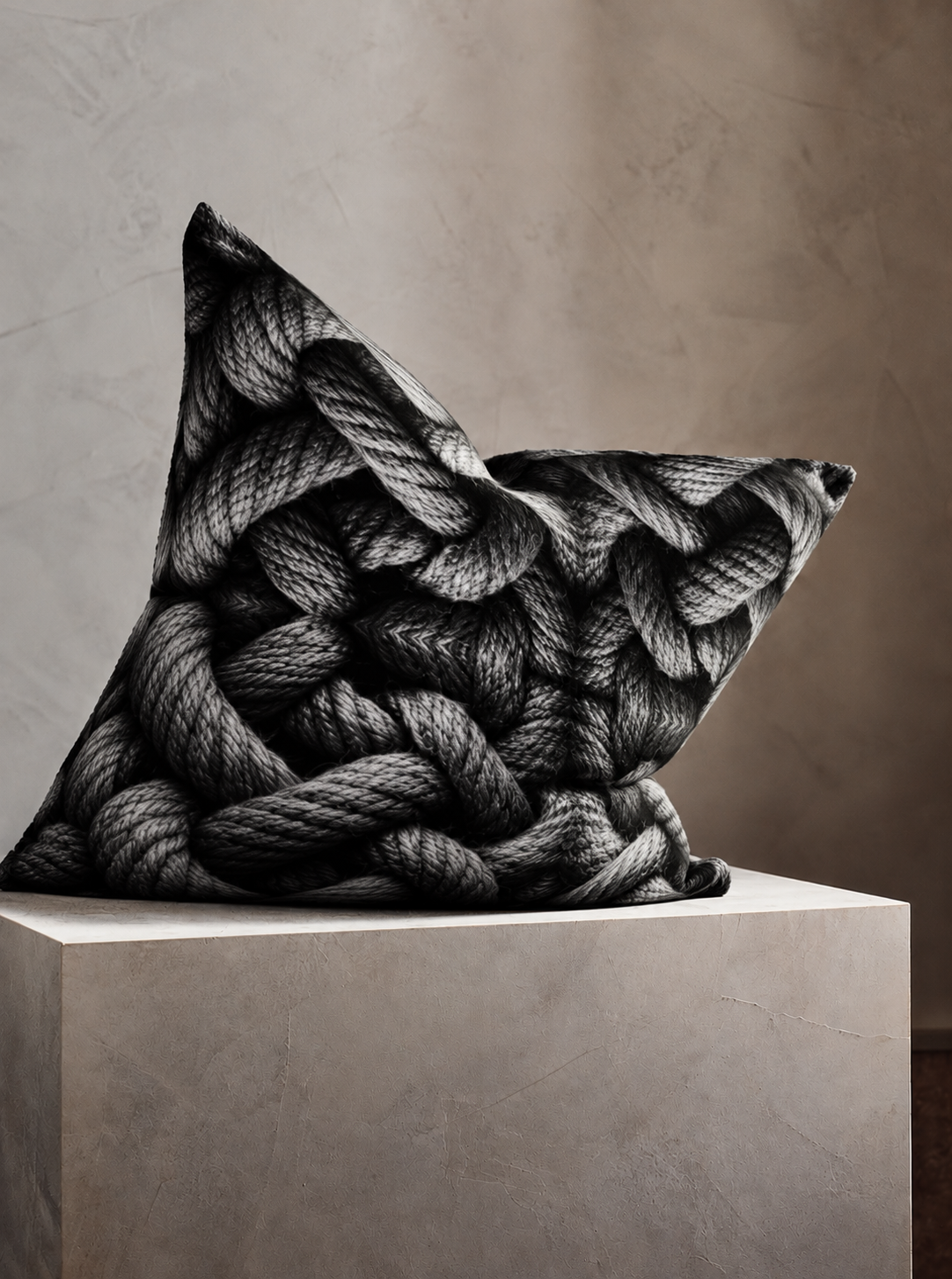 Braided Monochrome Pillow on Stone Pedestal.png