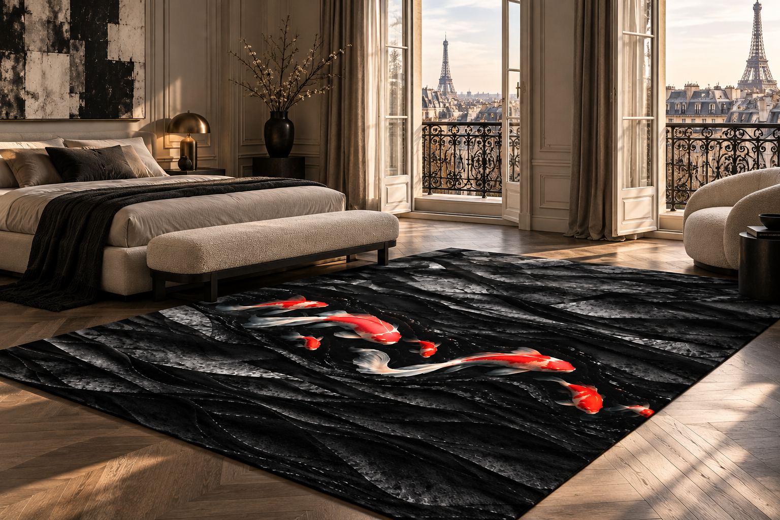 Parisian Bedroom with Koi Rug and Eiffel Tower.png