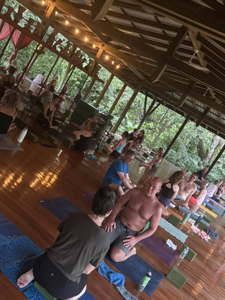 A group of people in a shaded yoga studio with a wooden floor, participating in a yoga class. Some are in seated or kneeling poses, with trees visible outside the open sides of the studio. String lights hang from the ceiling.