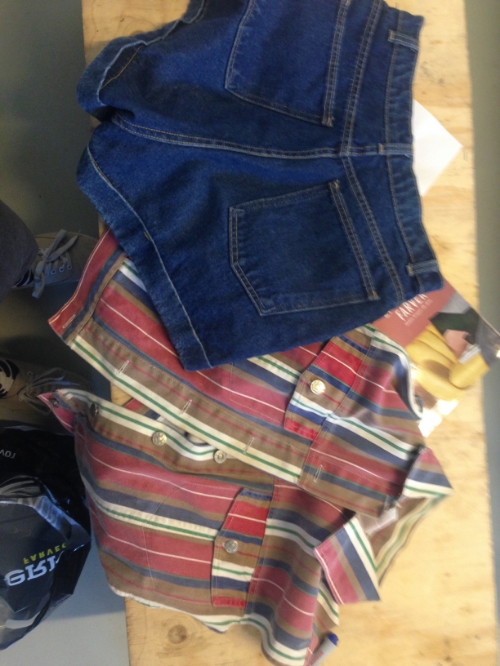   Denim Deconstruction pre-construction: shorts, pants, and a vest.  