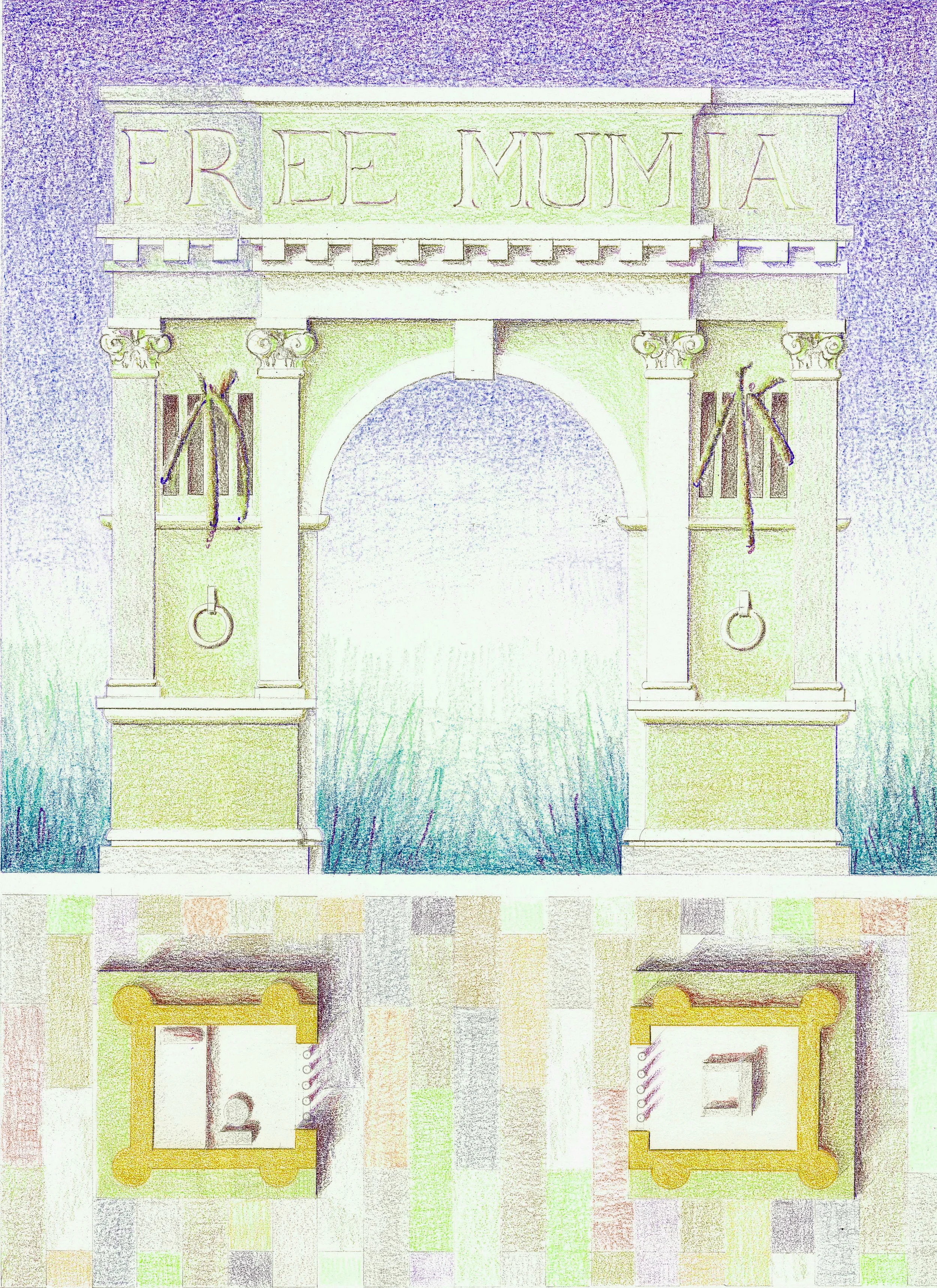 Arch alluding to capital punishment using a local example, albeit one known globally. Mumia Abul Jabar sat on death row for decades, convicted of murdering a policeman in a highly contested trial. The arch, festooned with stone dreadlocks, contains two highly visible chambers; one is the cell of the prisoner, and opposite is the electric chair. One walks between them. Mumia's conviction has recently been changed to life-in-prison. 