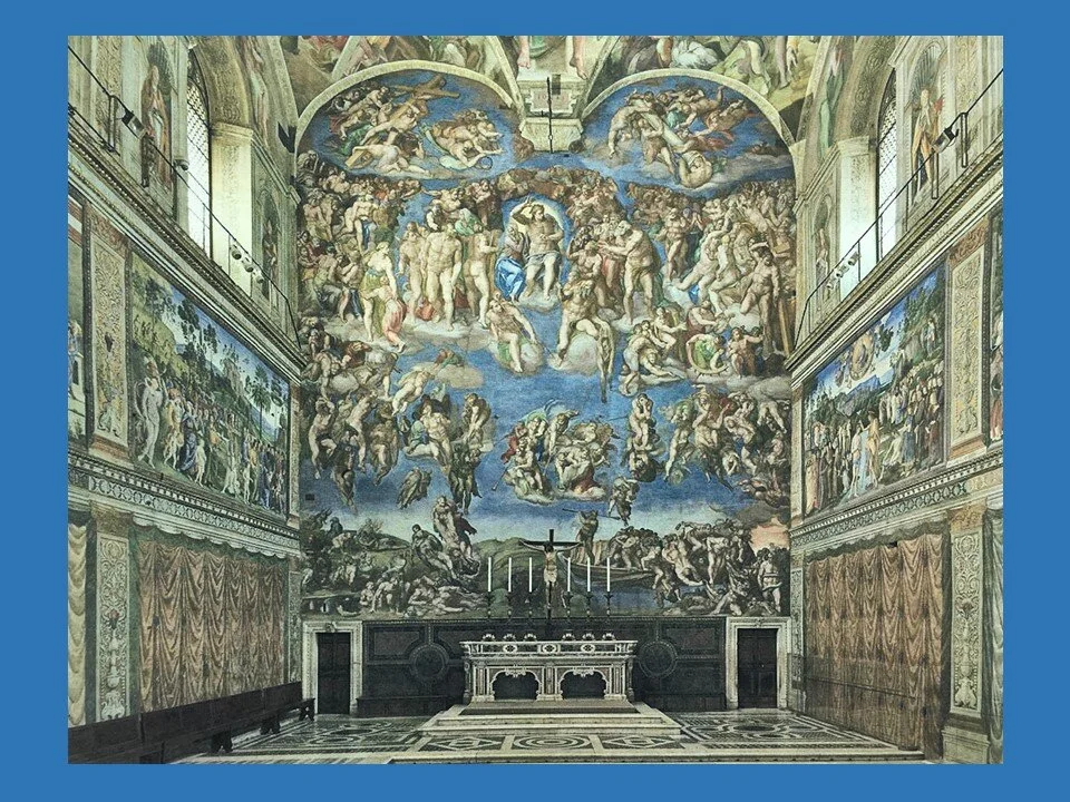  While he completed the famed ceiling many decades previous, Michelangelo painted his  LAST JUDGEMENT  in 1536-41 directly above the chapel’s altar. It literally- and very dramatically- presents the Christian dogma of the Second Coming- the final and
