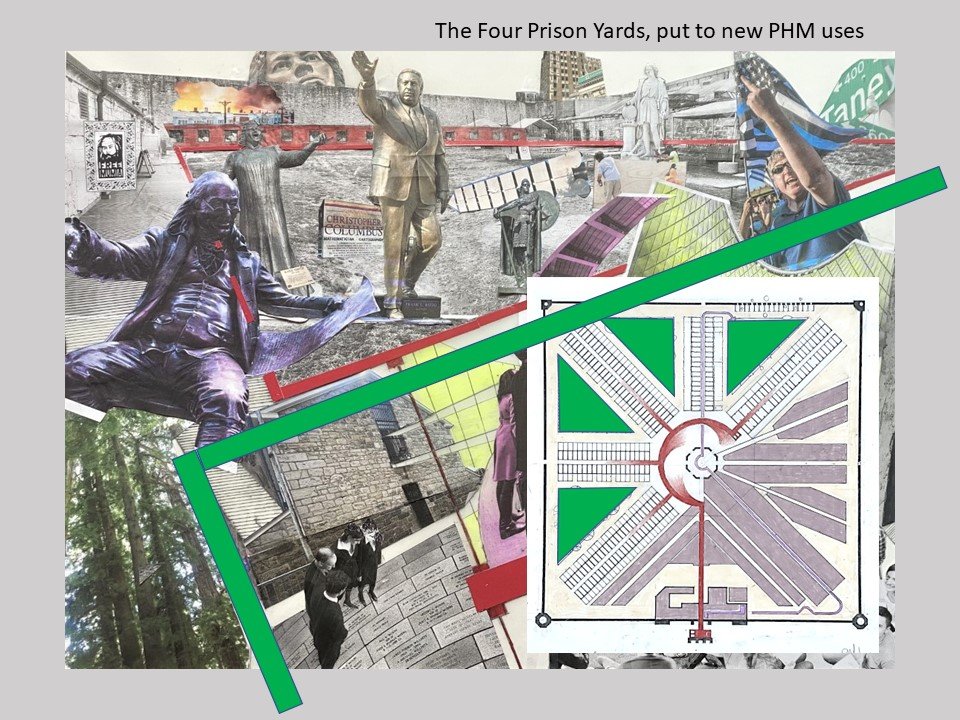 The four reconstituted “Prison Yards” (in green), rotate around the central axis, each one broadly dedicated to a century of city history. From the SW corner: YARD 1: PRE-PHILADELPHIA. The history of the region, of the land and waters and of the