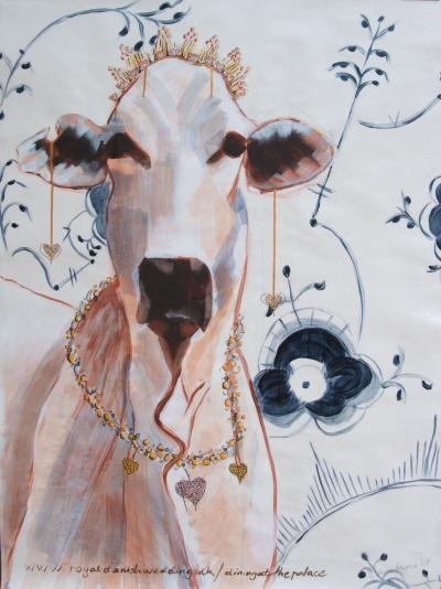 Dining at the Palace . Acryic polymer on paper. 125 x 85cm. © 2004 Ida Montague. Private Collection: Aix en Provence, France. From the series www.royaldanishwedding.dk - in commemoration of the Crown Prince of Denmark's marriage to Australian, Mary Donaldson.