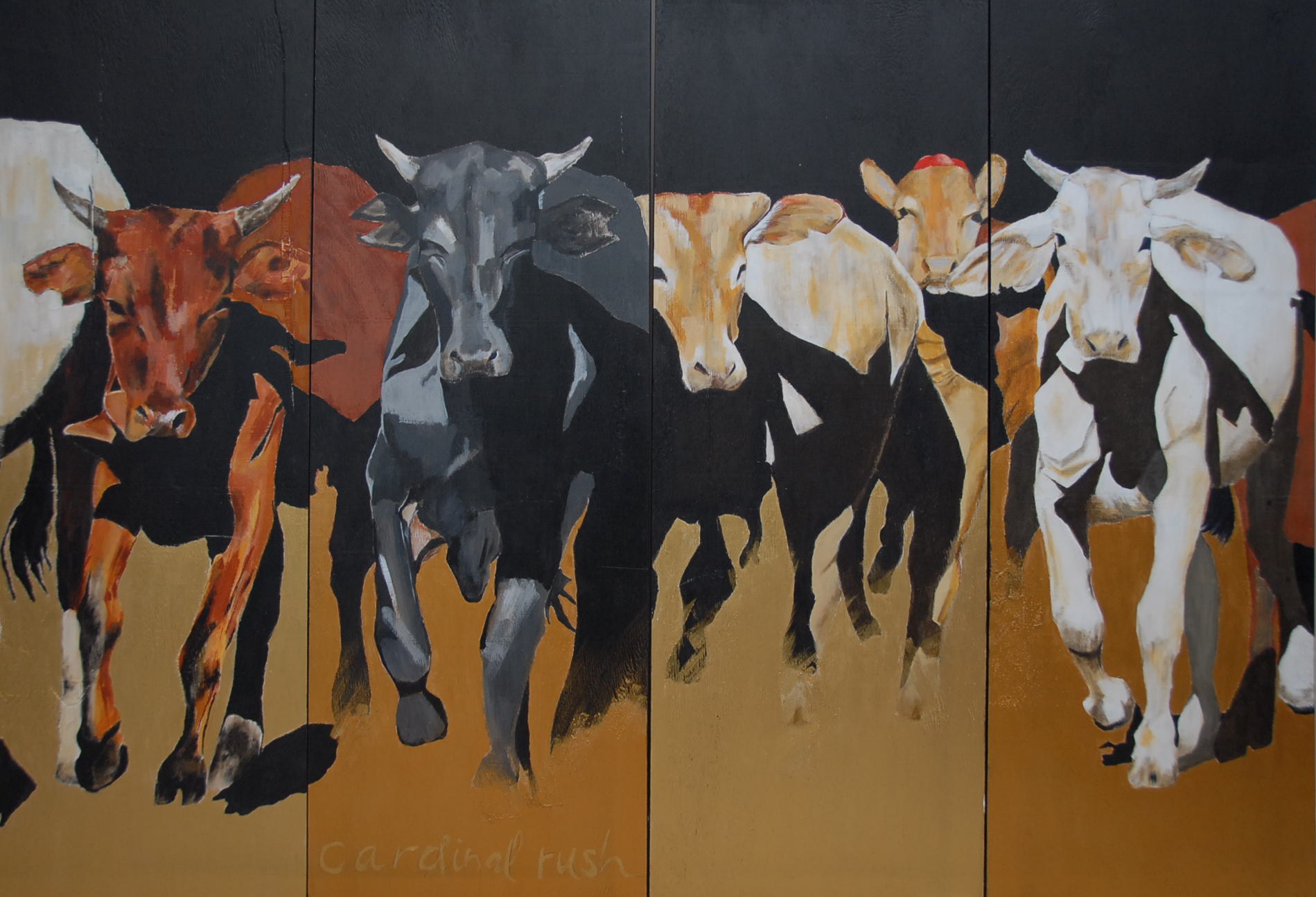 Cardinal Rush . Acrylic polymer on 4 plywood panels. Overall size 120 x 160cm. © 2006 Ida Montague. Private Collection: Brisbane This was painted whilst waiting for white smoke to appear from the Vatican chimney indicating a new Pope had been selected.
