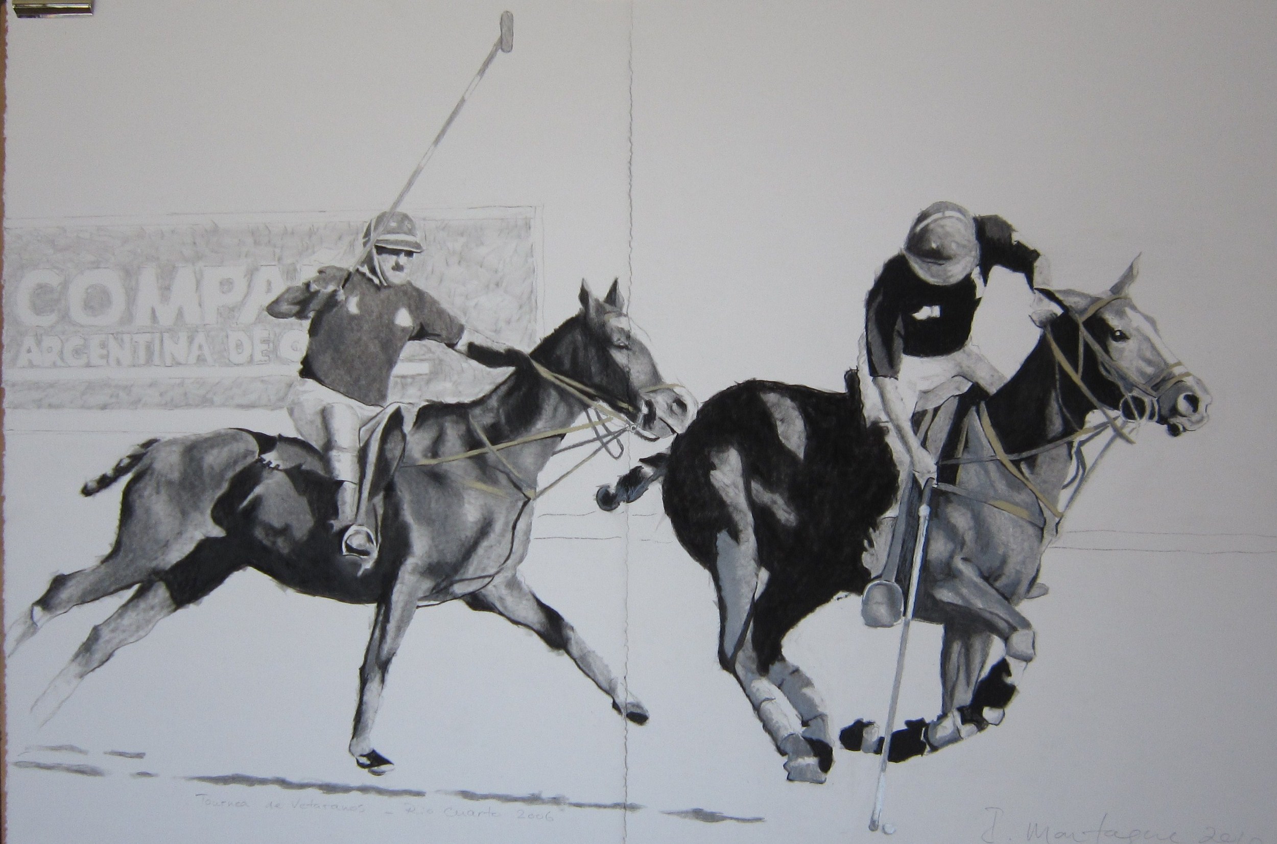 Veteran Polo, Argentina. Charcoal on rag-paper. 56 x 140 cm. © 2012 Ida Montague. Private Collection, Toowoomba