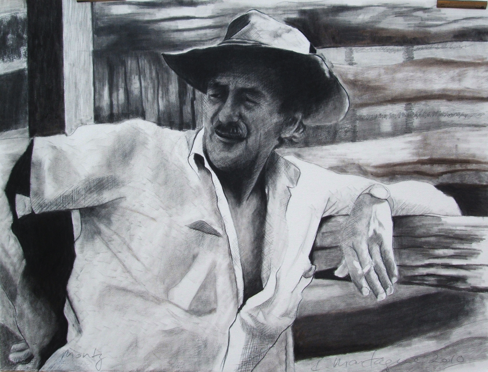 Monty . Charcoal on rag paper. 56 x 74cm. © 2010 Ida Montague. Private Collection: London This drawing was requested by and published in Nigel Austin's The Australian livestock export trade : From the First Fleet to the World's Greatest
