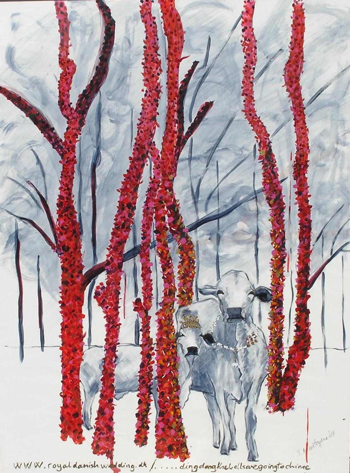 Ding Dong The Bells Are Going To Chime. Acrylic polymer on paper. 125 x 85cm. © 2004 Ida Montague. Private collection: Brisbane From the series www.royaldanishwedding.dk - illustrating the royal couple and red rose covered pillars in Church of our Lady, Copenhagen's Cathedral, 14 May 2004.
