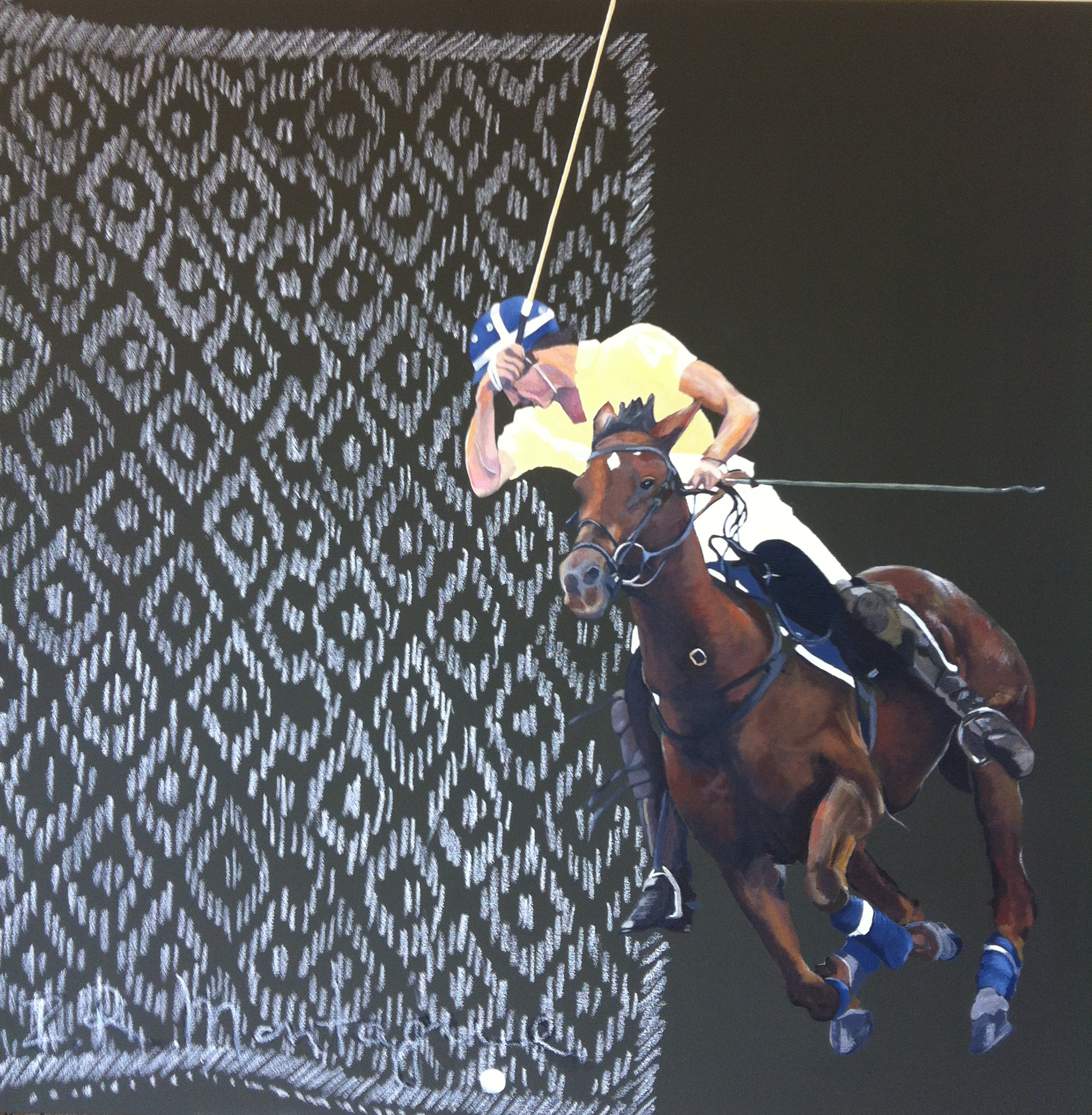 Passiona . Mixed media on canvas. 92 x 92 cm. © 2013 Ida Montague. Private collection, Toowoomba. Background motif resembles traditional Argentine saddlecloth