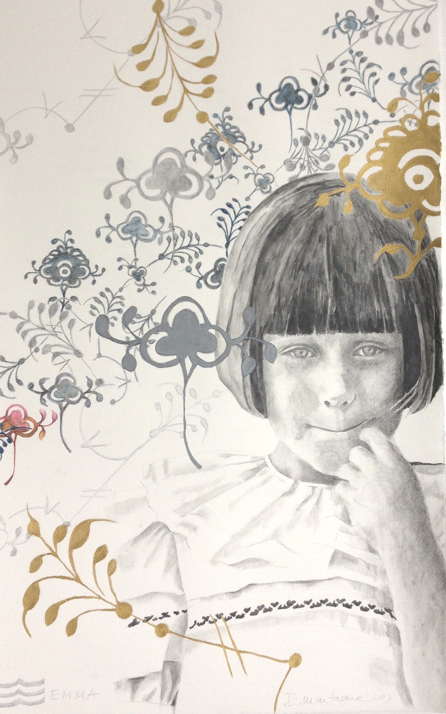 Emma. Mixed media on rag paper. 100 x 67cm © 2014 Ida Montague. Private Collection: The Artist Portrait features a detail from the iconic Royal Copenhagen china pattern, symbolic of the subject's heritage.