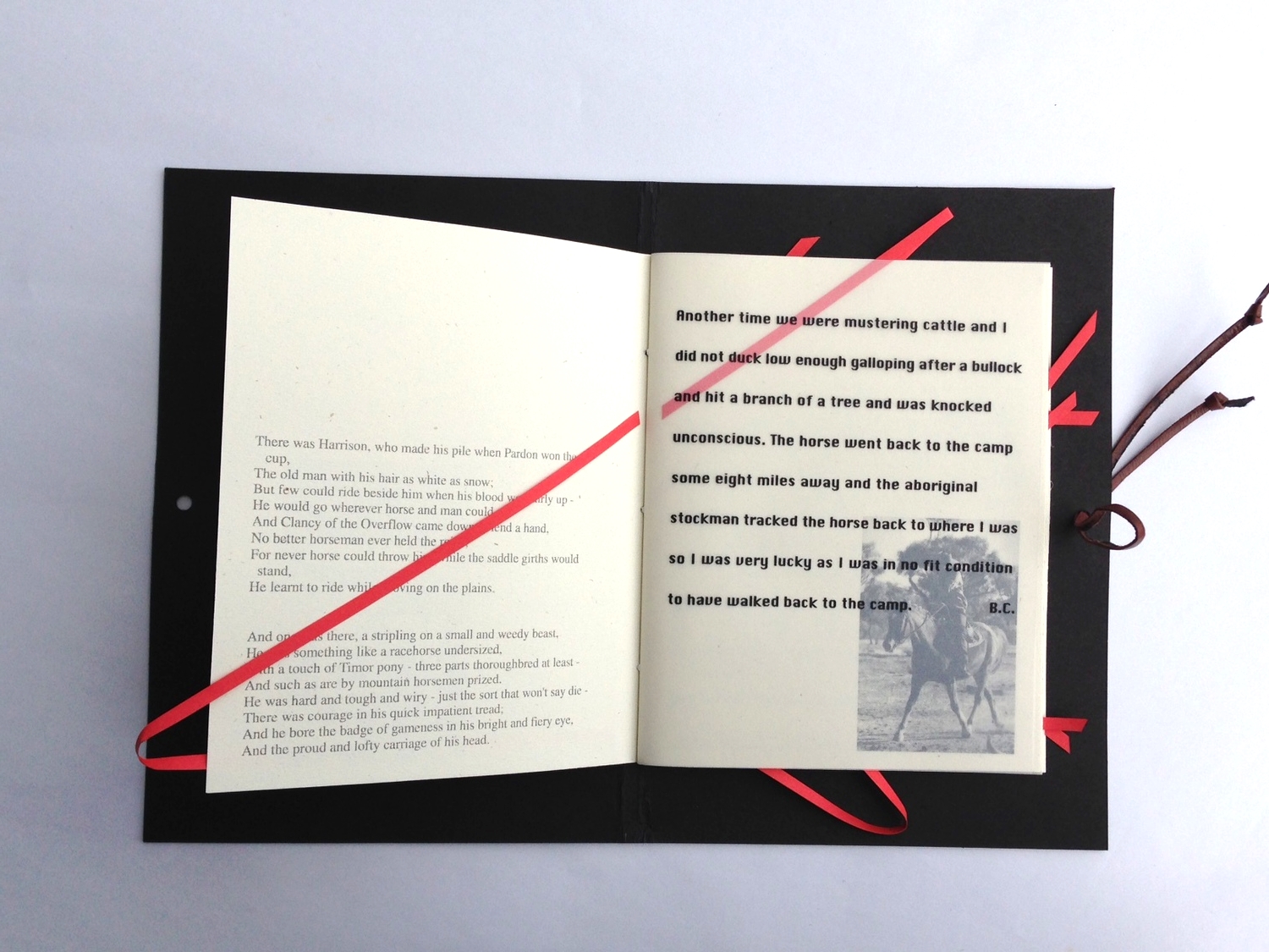    The Man From Snowy River - Revisited. &nbsp; Artists Book. 2000&nbsp; ©&nbsp; Ida Montague  The red line in and out through the pages illustrates the 'The Ride' as described in A.B. Patterson's poem of the same title. 