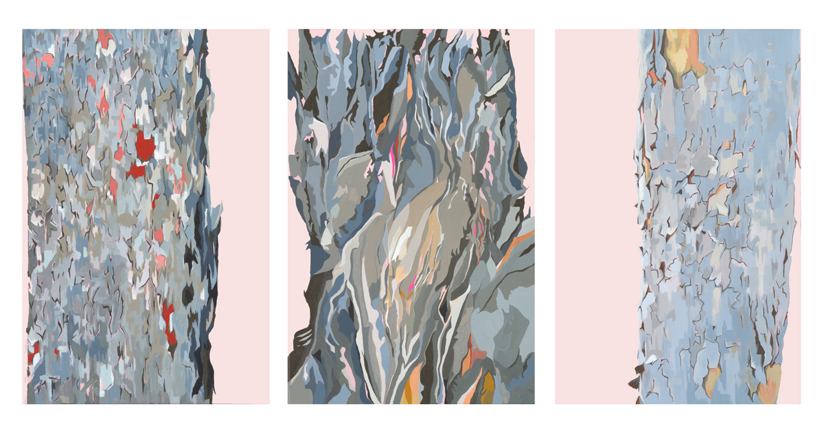 When the dust settles and dusk falls, intricate details are vividly rendered in this new light. Focussing on the texture of the paperbark and other familiar natives, this summer I was Inspired to explore a softer more subtle palette of our Australia. Natives by Dusk I, II & III , first triptych paintings from this new series and subject. Now available in limited edition, numbered and signed full size Giclée prints.