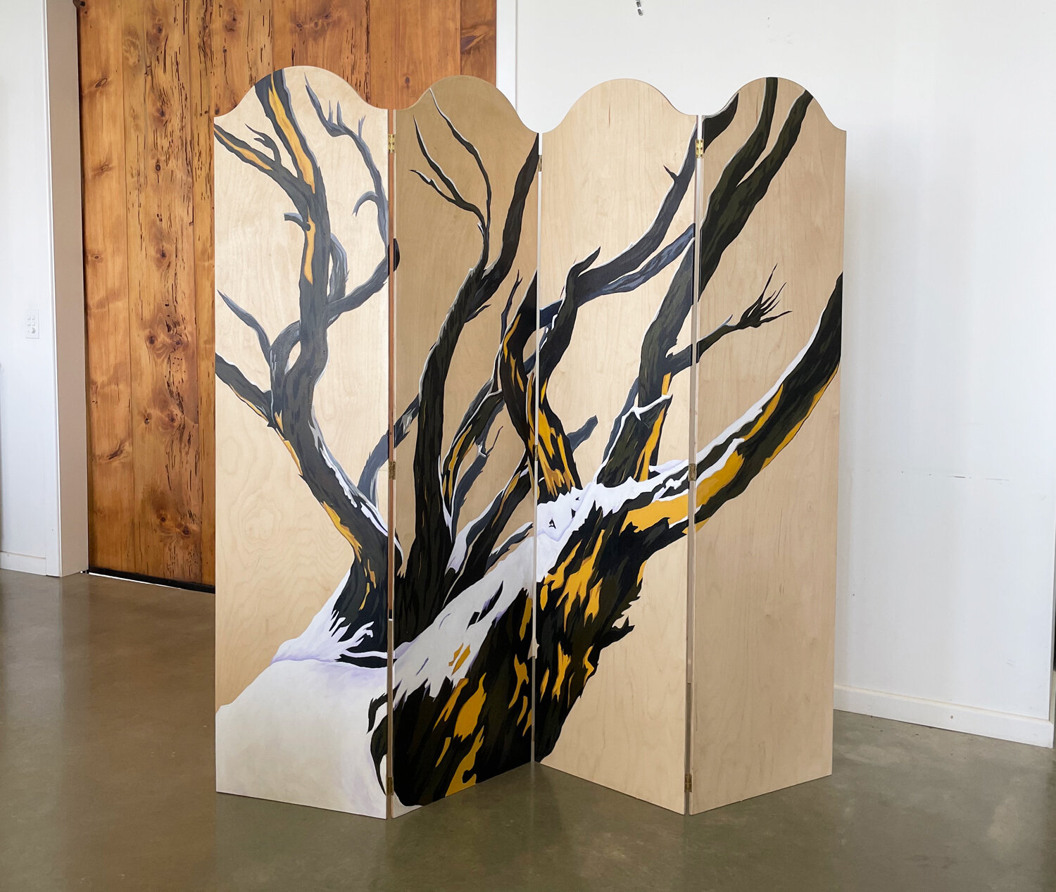    Black Sallee  . [Screen / room divider] Acrylic on custom, solid birch panels. 4 x panels 160 x 42cm (total width 168cm). © Ida Montague   ENQUIRE   