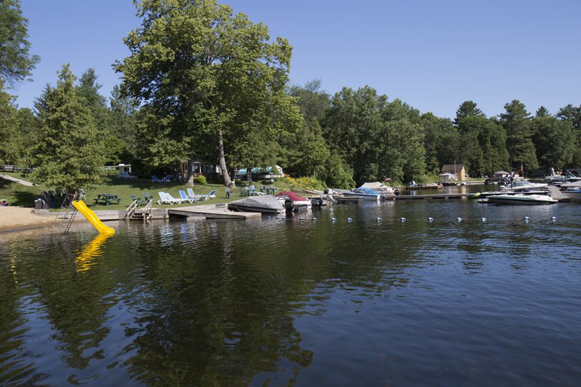 A lakeside scene with boats docked along the shore, trees providing shade, and a few lounge chairs and a slide on the sandy beach area.