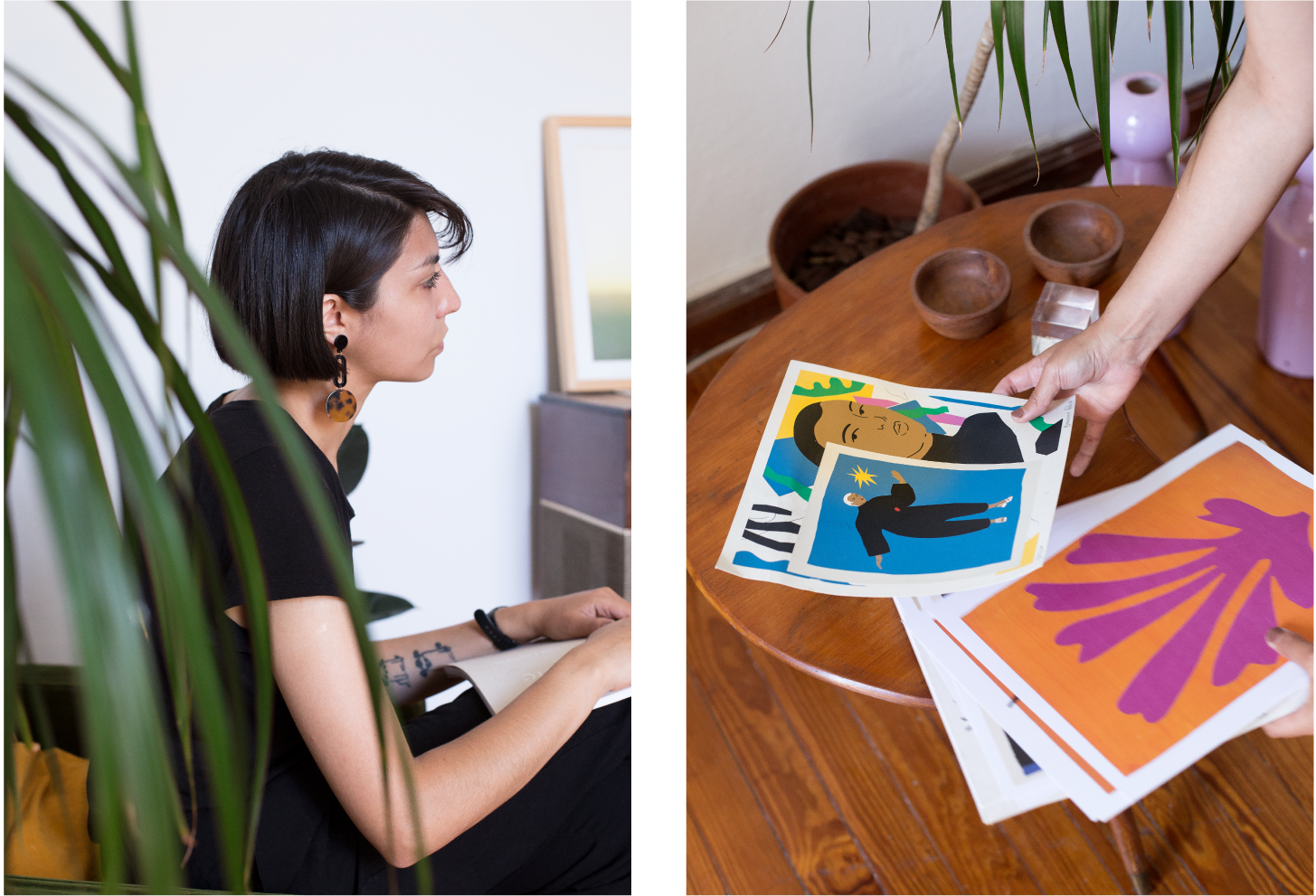 Left: Daiana perched in a favorite corner of her sunlit loft. Right: One of Daiana’s clear influences in her illustrations is the cut out work of Henri Matisse