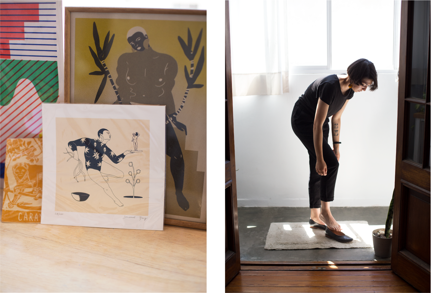 Left: Some prints by Daiana and others artists arranged on a living room credenza. Right: Daiana puts the finishing touches on her outfit with the Glove Flat in Black Glaze.