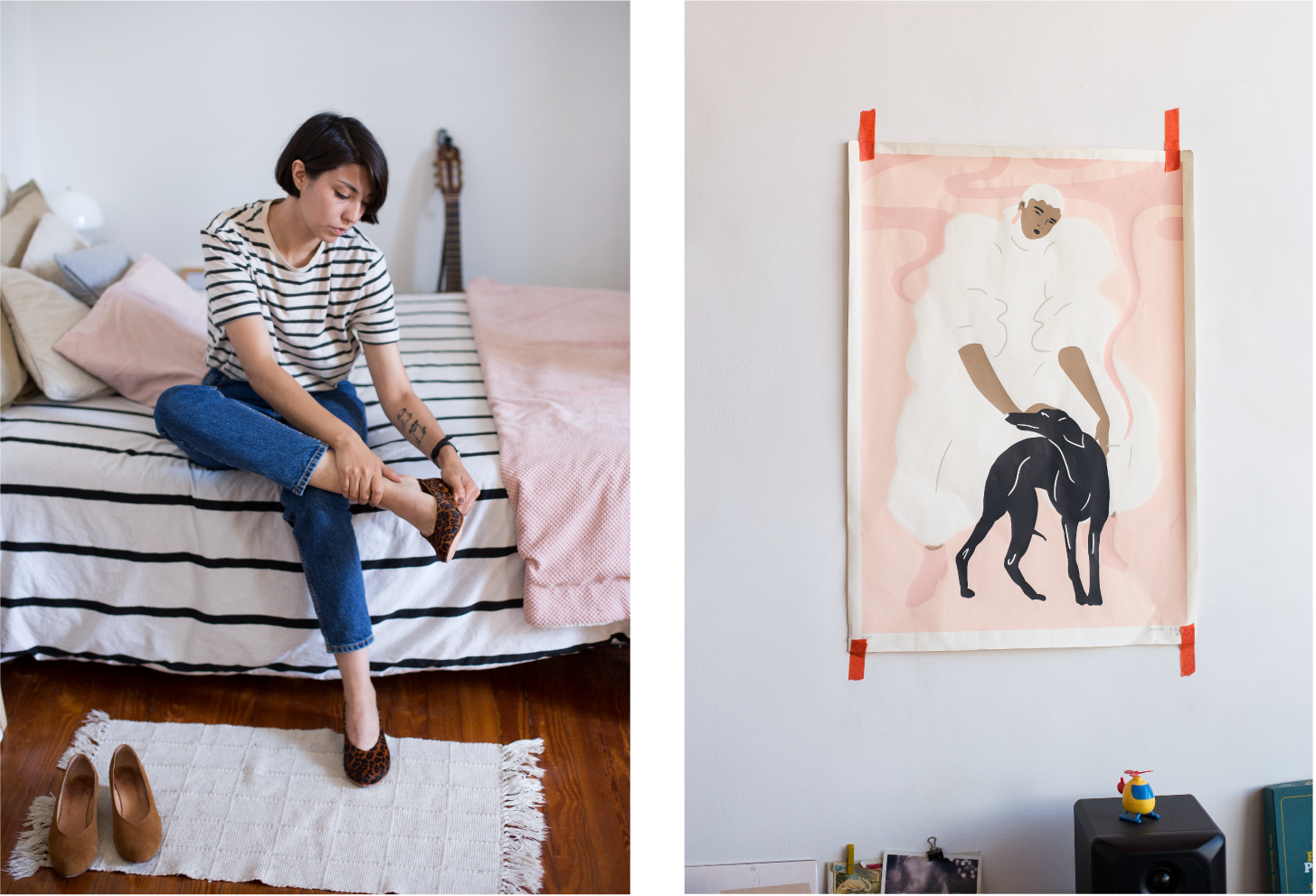 Left: Daiana’s eye for pattern and space is evident in her wardrobe and home; Above she tries on the Glove Flat in Leopard. Right: A wall in her studio simply adorned with some of her work.
