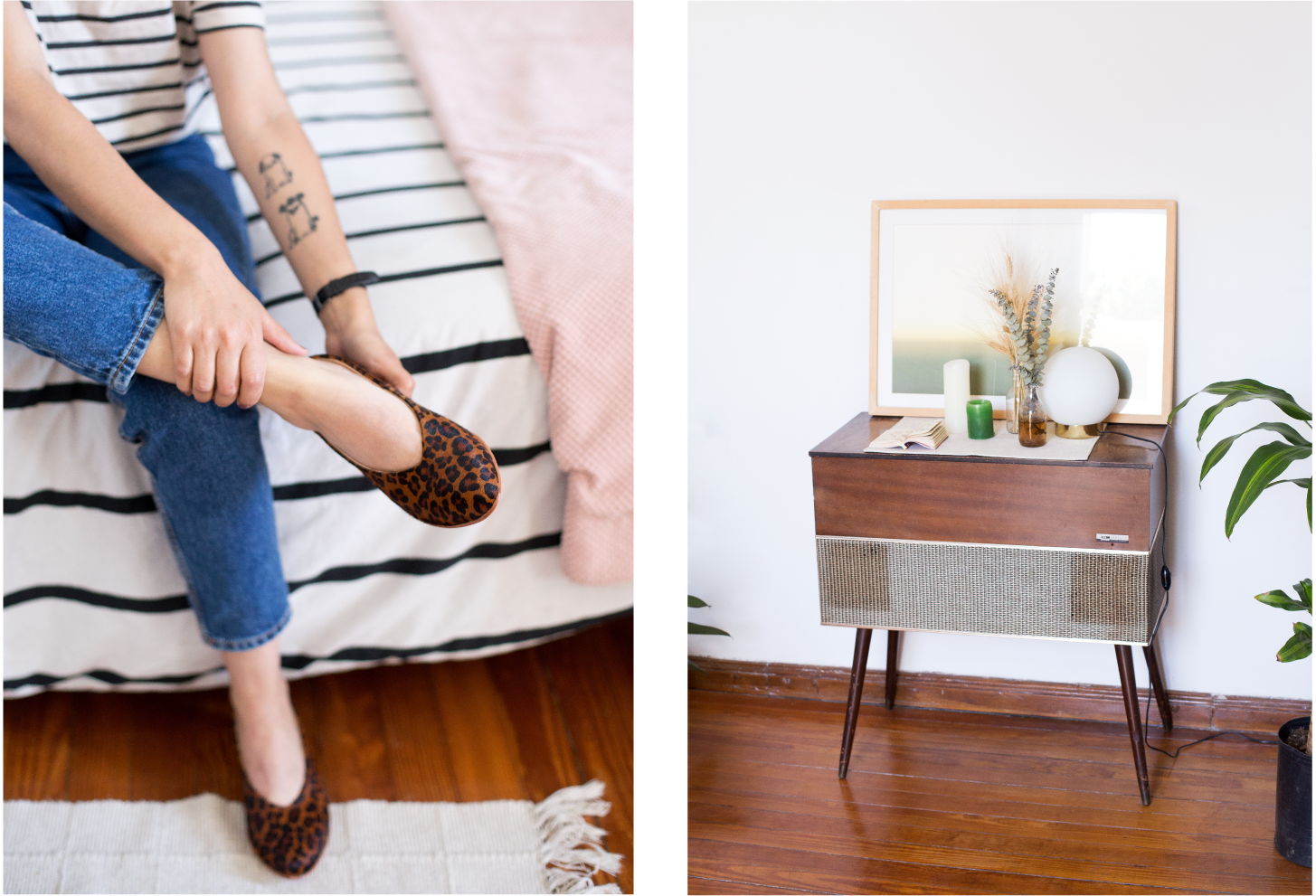 Left: Daiana trying on the Glove Flat in Leopard Pony. Right: Objects neatly arranged on a midcentury modern style record player console.