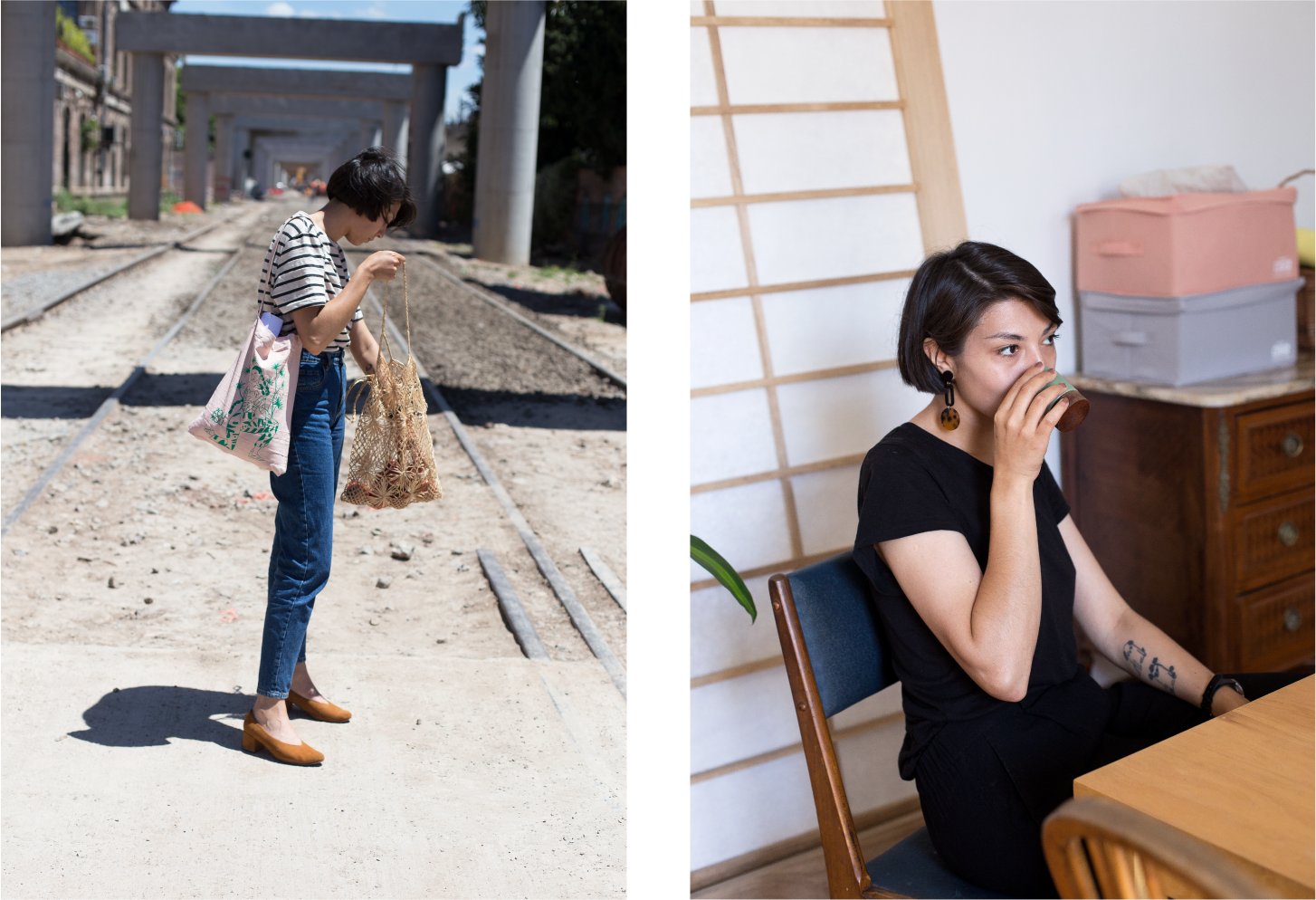 Left: Dai standing on a street close by her Buenos Aires neighborhood. Right: Dai sipping coffee at her dining room table.