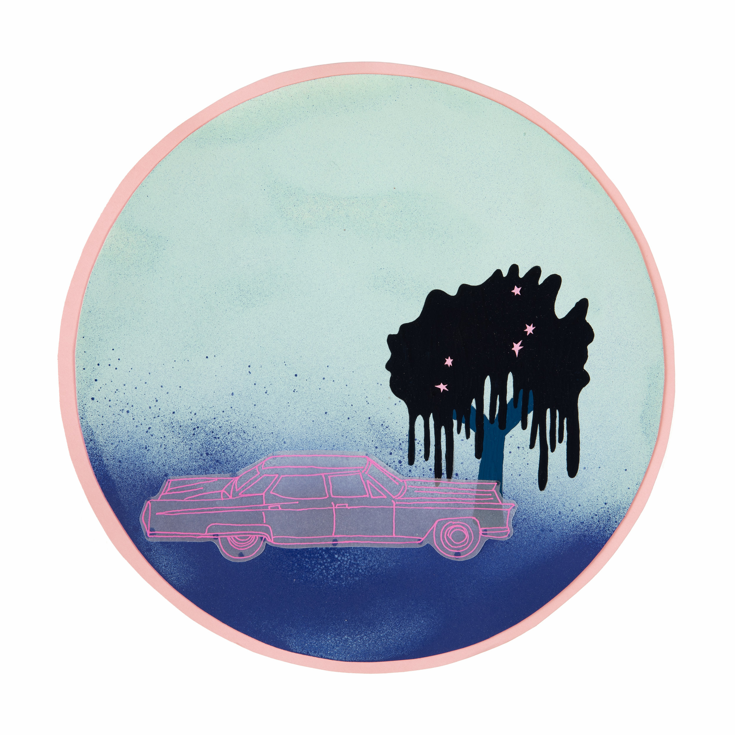   Pink Cadillac Dream   Mixed media on paper, 8 ½” diameter, 2019 