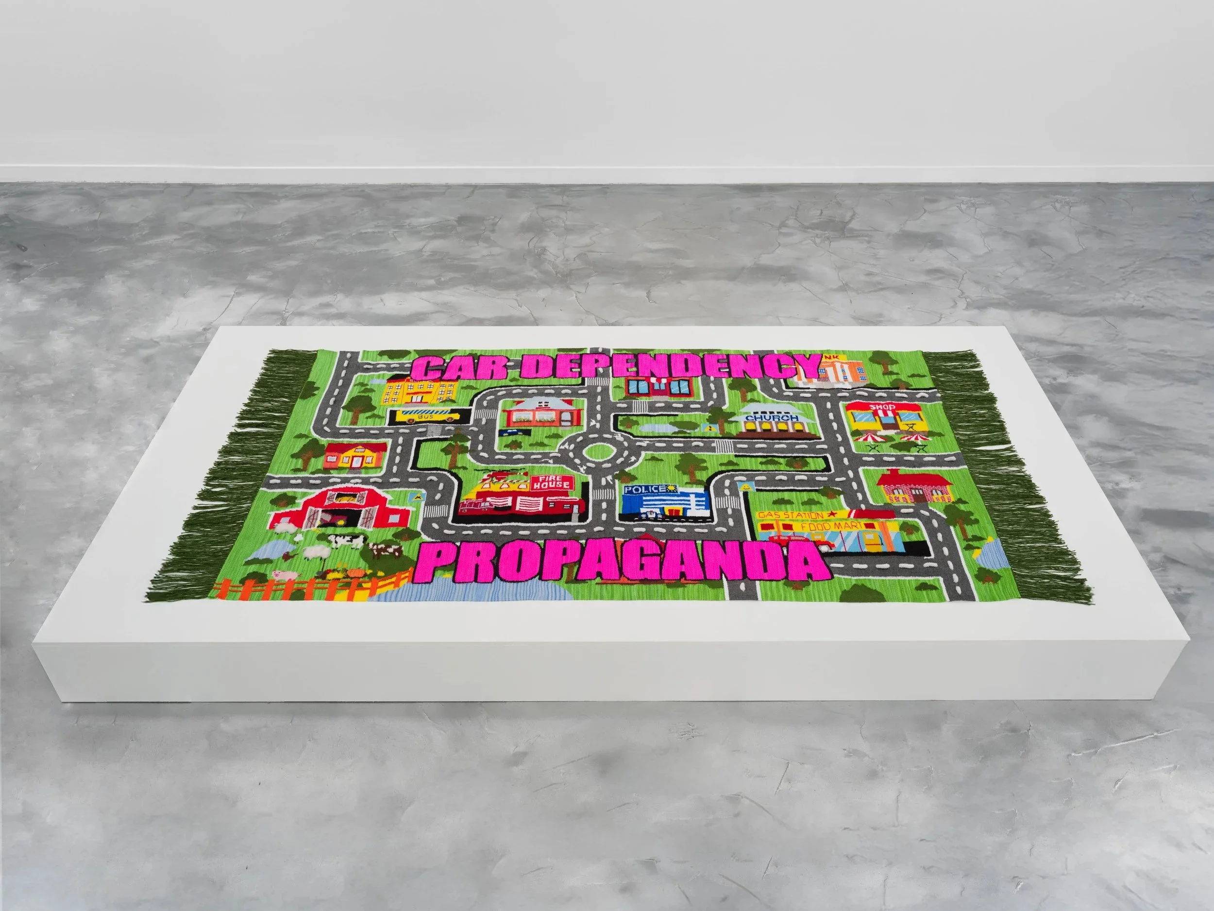   Car Dependency Propaganda  Handwoven cotton, wool (hand-dyed), acrylic, and mohair 60 x 105.5 inches 2024/2025 