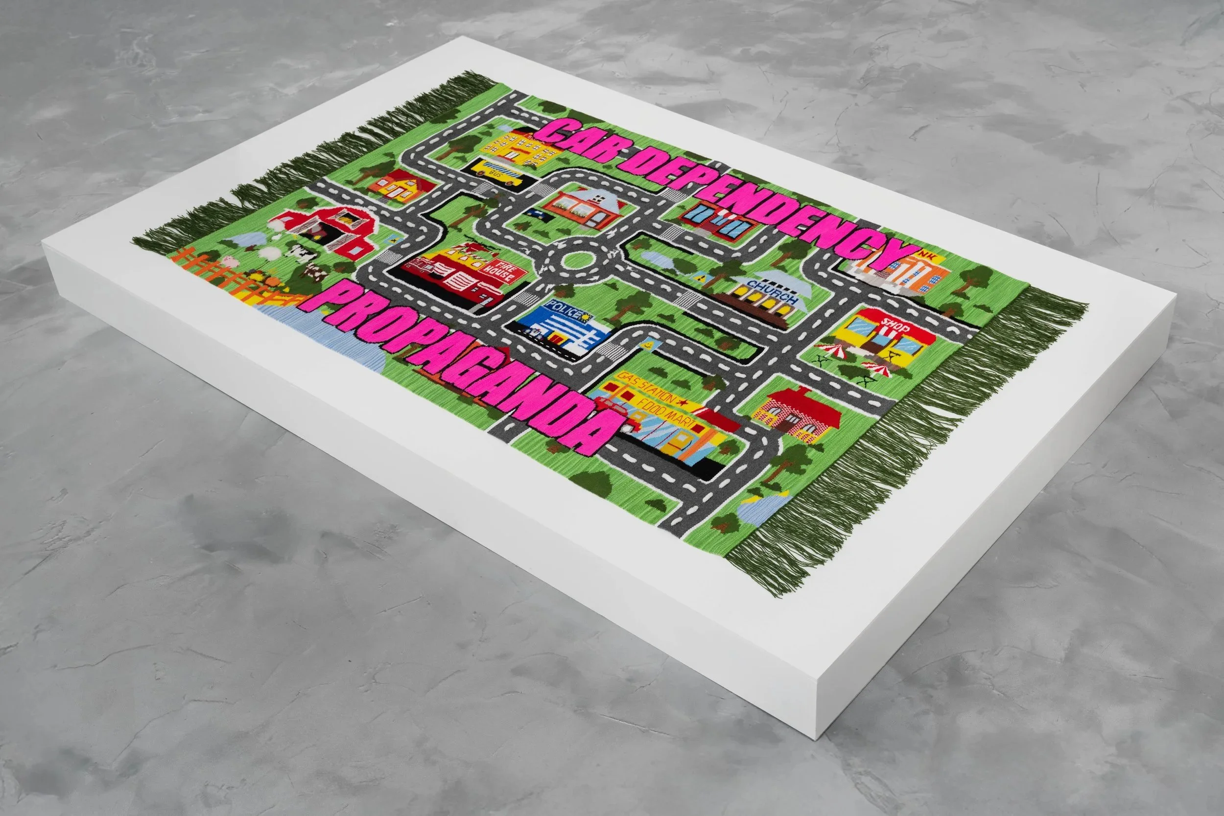   Car Dependency Propaganda  Handwoven cotton, wool (hand-dyed), acrylic, and mohair 60 x 105.5 inches 2024/2025 