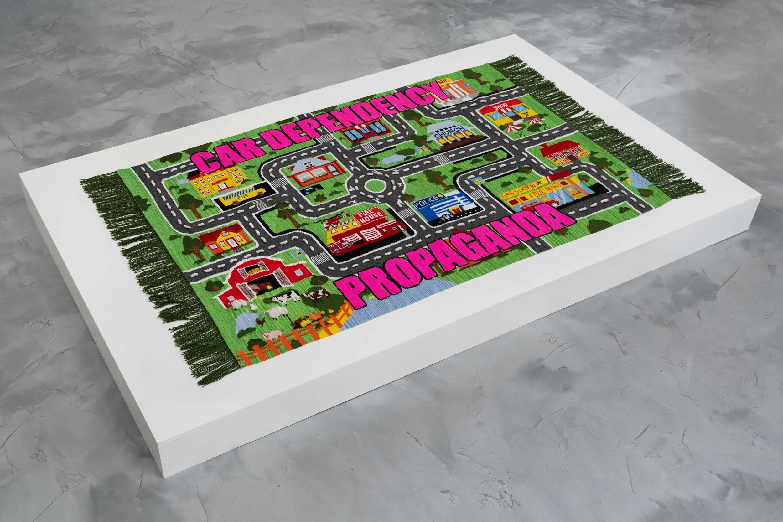   Car Dependency Propaganda  Handwoven cotton, wool (hand-dyed), acrylic, and mohair 60 x 105.5 inches 2024/2025 