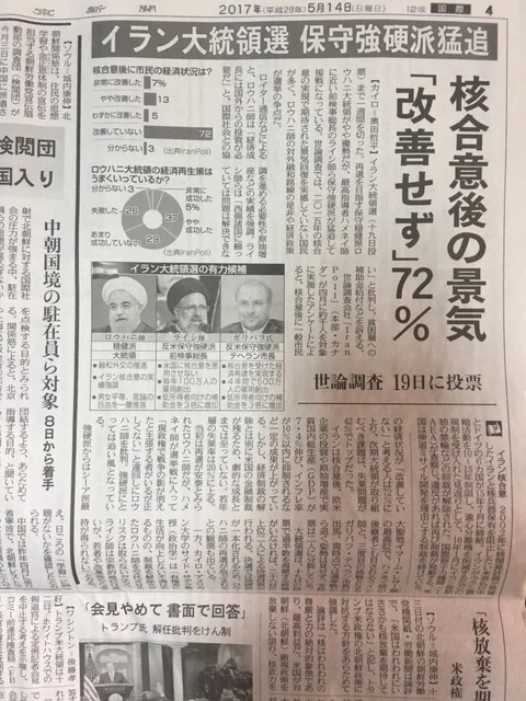 Article by "Tokyo Shimbun" newspaper covering IranPoll's surveys for the Iranian 2017 presidential election
