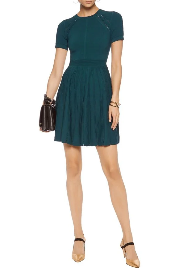 Milly Pointelle Stretch-Knit Teal Mini Dress - Size Large