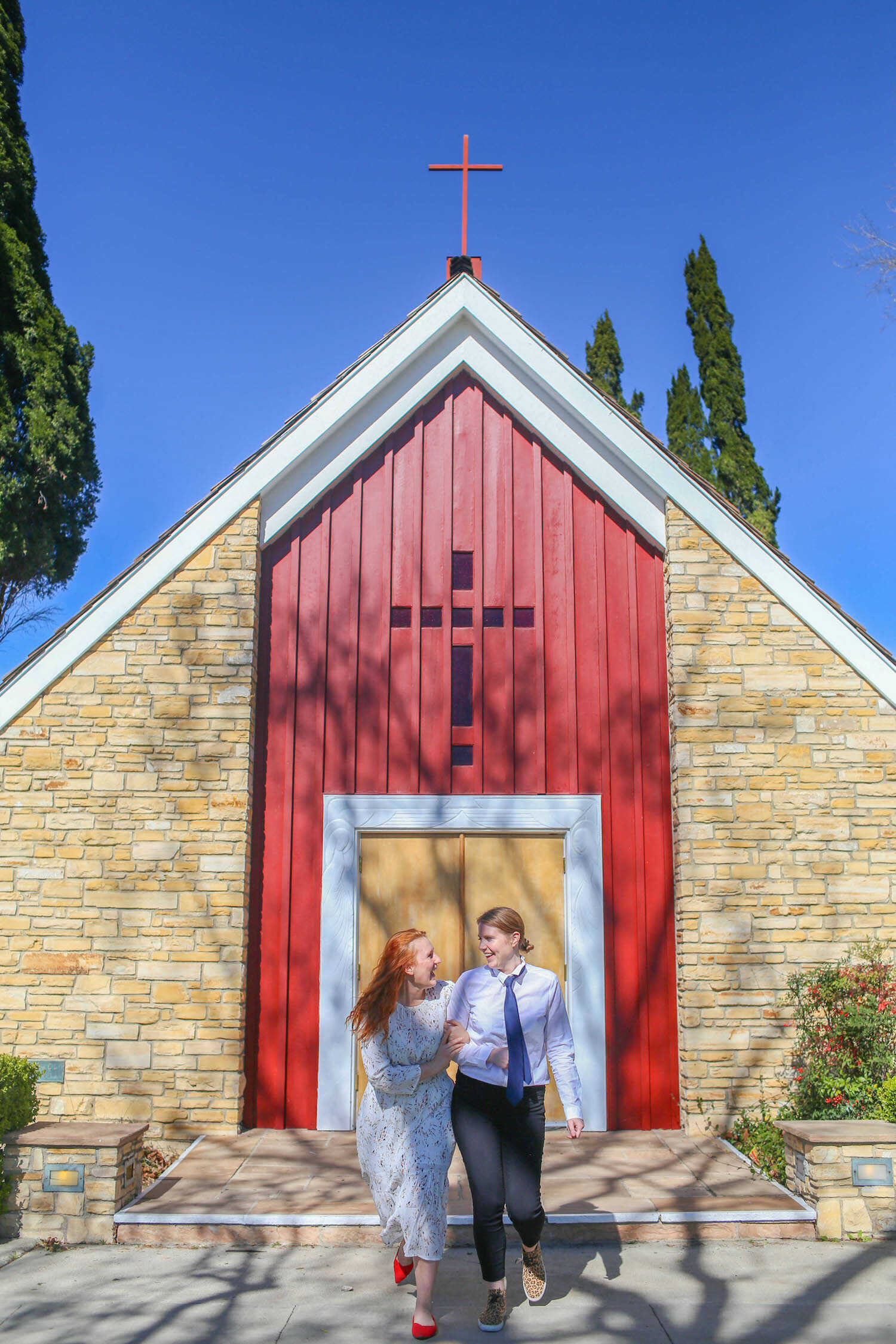 Posing in costume outside the red chapel church where Jim and Pam got married in Sherman Oaks.