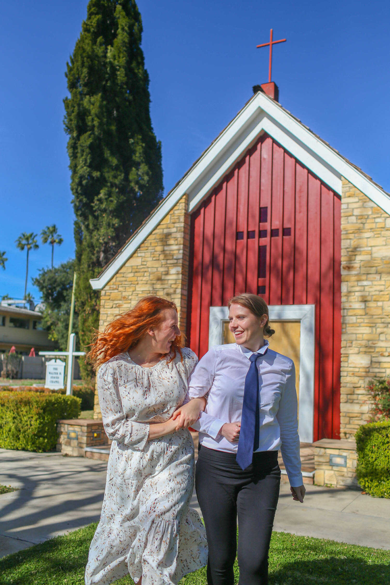 Posing in costume outside the red chapel church where Jim and Pam got married in Sherman Oaks.