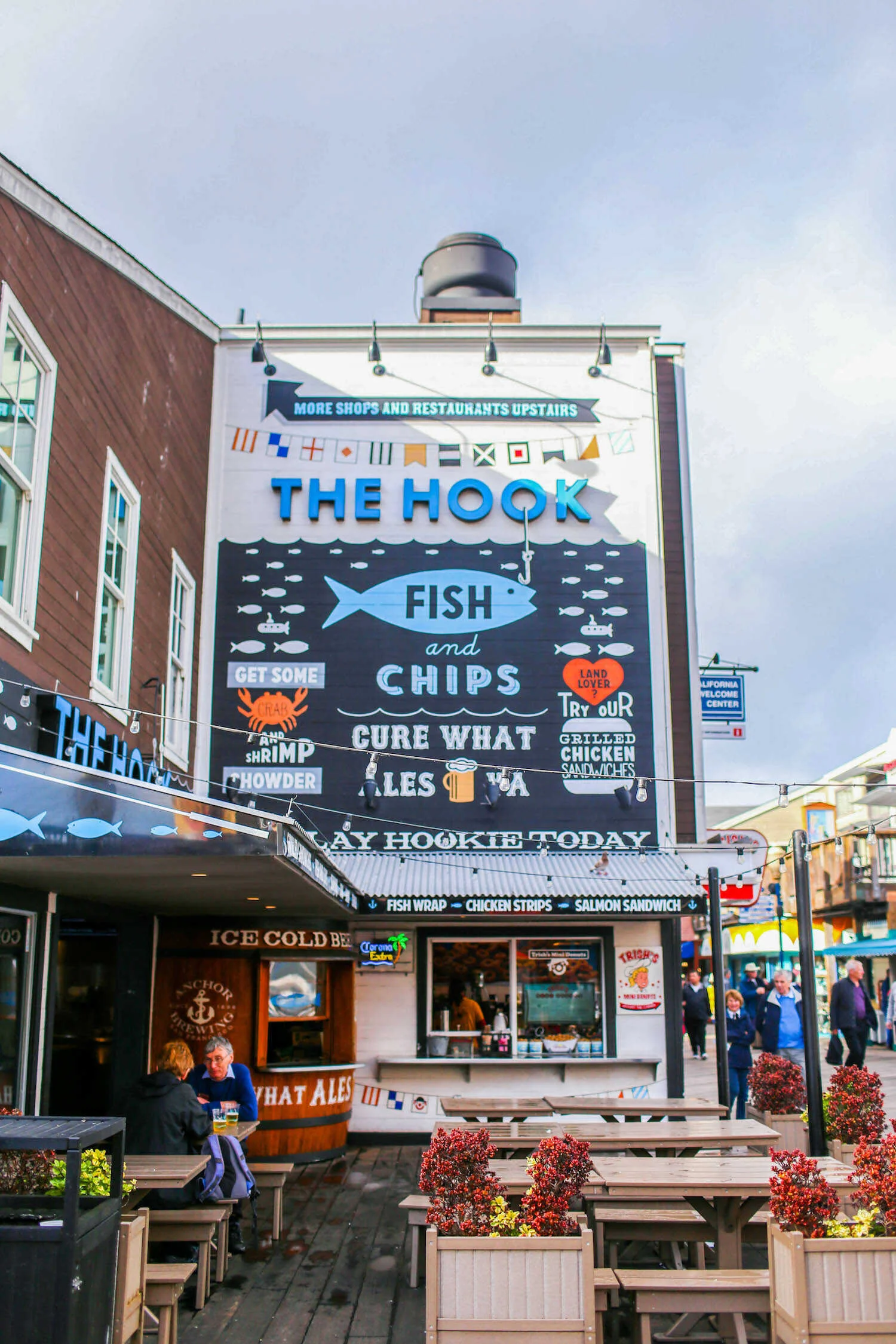Fish and chips food spot at Pier 39 in Fisherman's Wharf.