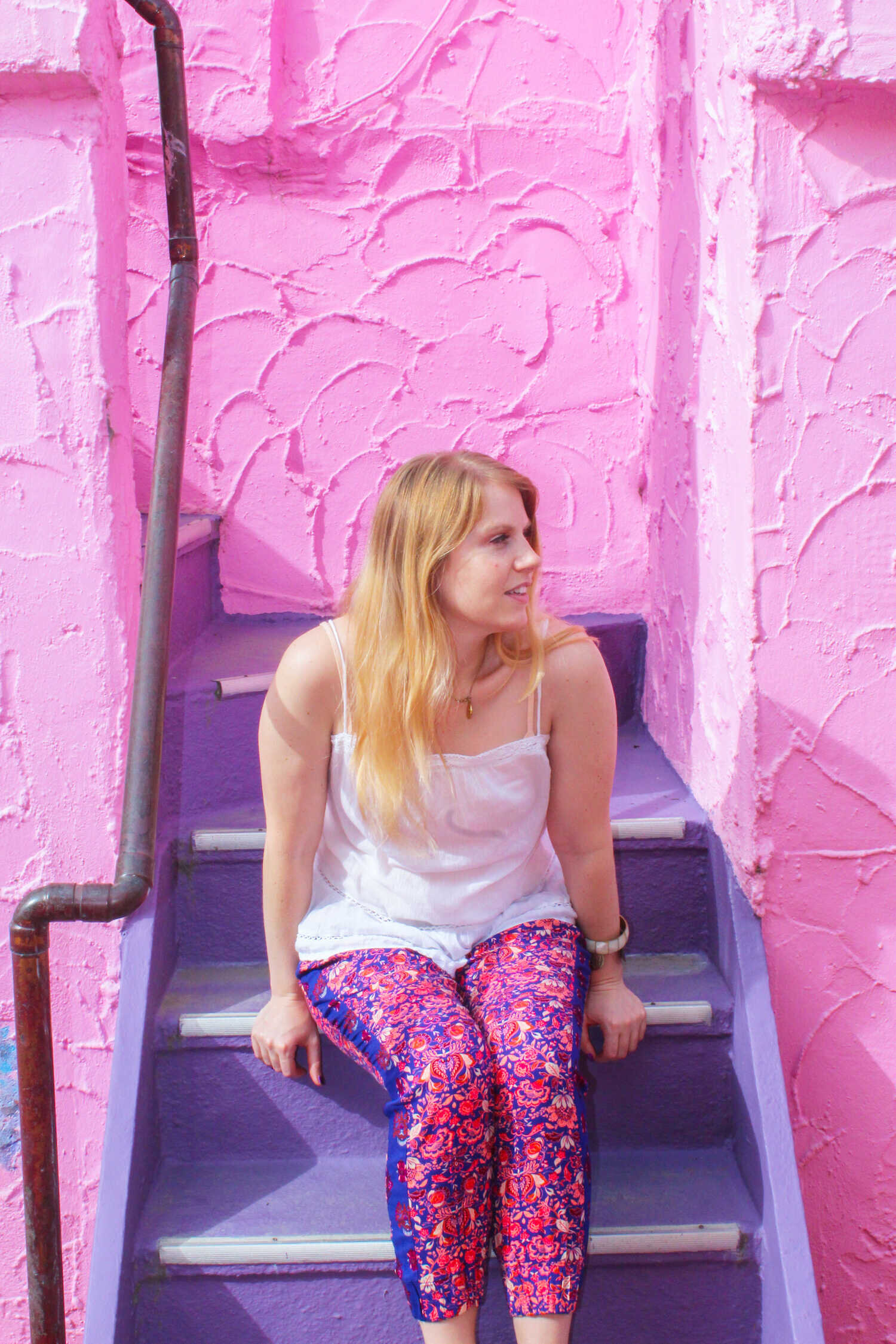 The Instagram famous pink and purple Venetian staircase in Capitola Village.