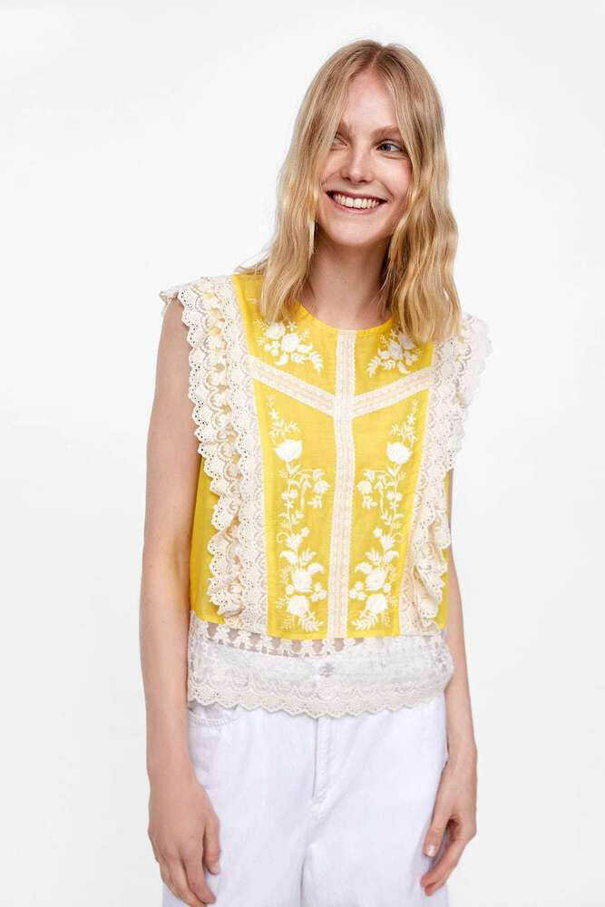 Zara Yellow Embroidered and Lace Top
