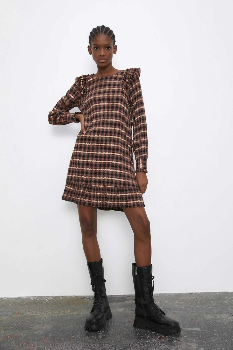 Zara Plaid Mini Dress with Long Sleeves
