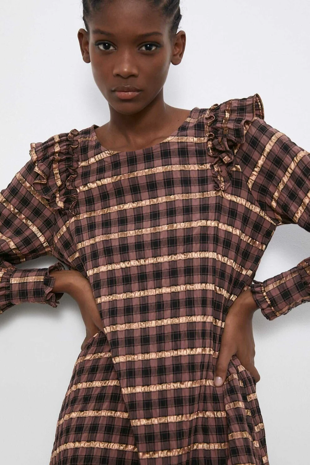 zara brown plaid dress PLAID DRESS - Beige-brown