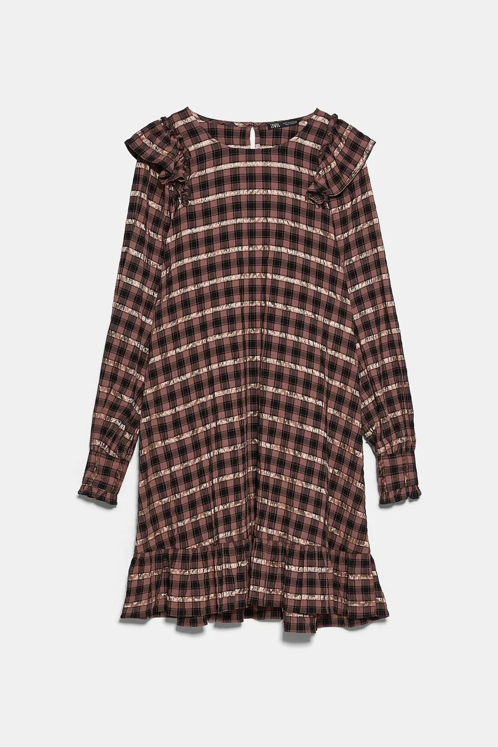 knee length dresses for ladies Khaki Plaid Shirt Dress – Ruffled Sleeve Button Up Women’s Fall Dress, Collared Plaid Mini Dress for Autumn Outfits Khaki / XL / 65%Polyester+35% main image 0