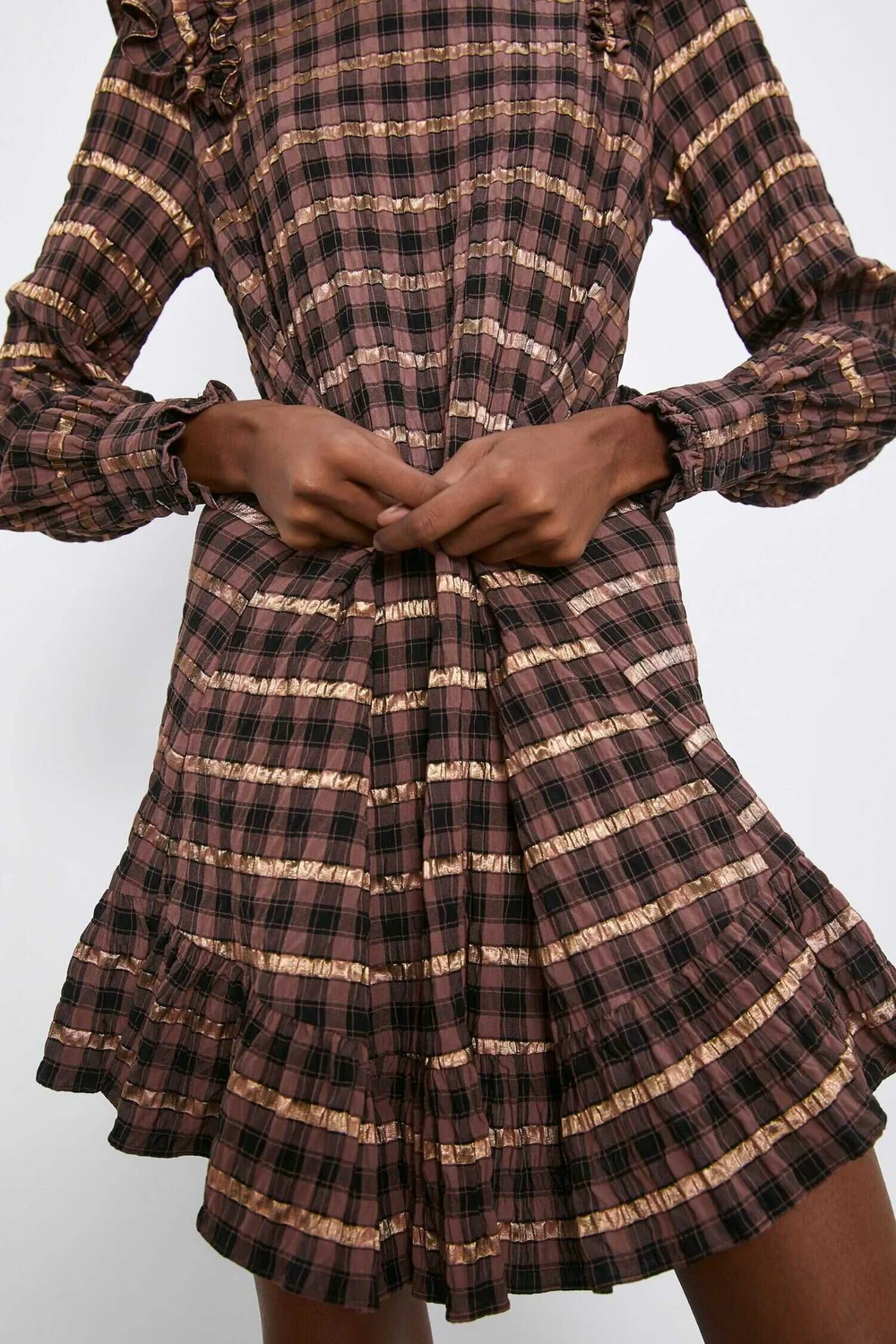 zara plaid mini dress PLAID RUFFLED SHORT DRESS - Grays