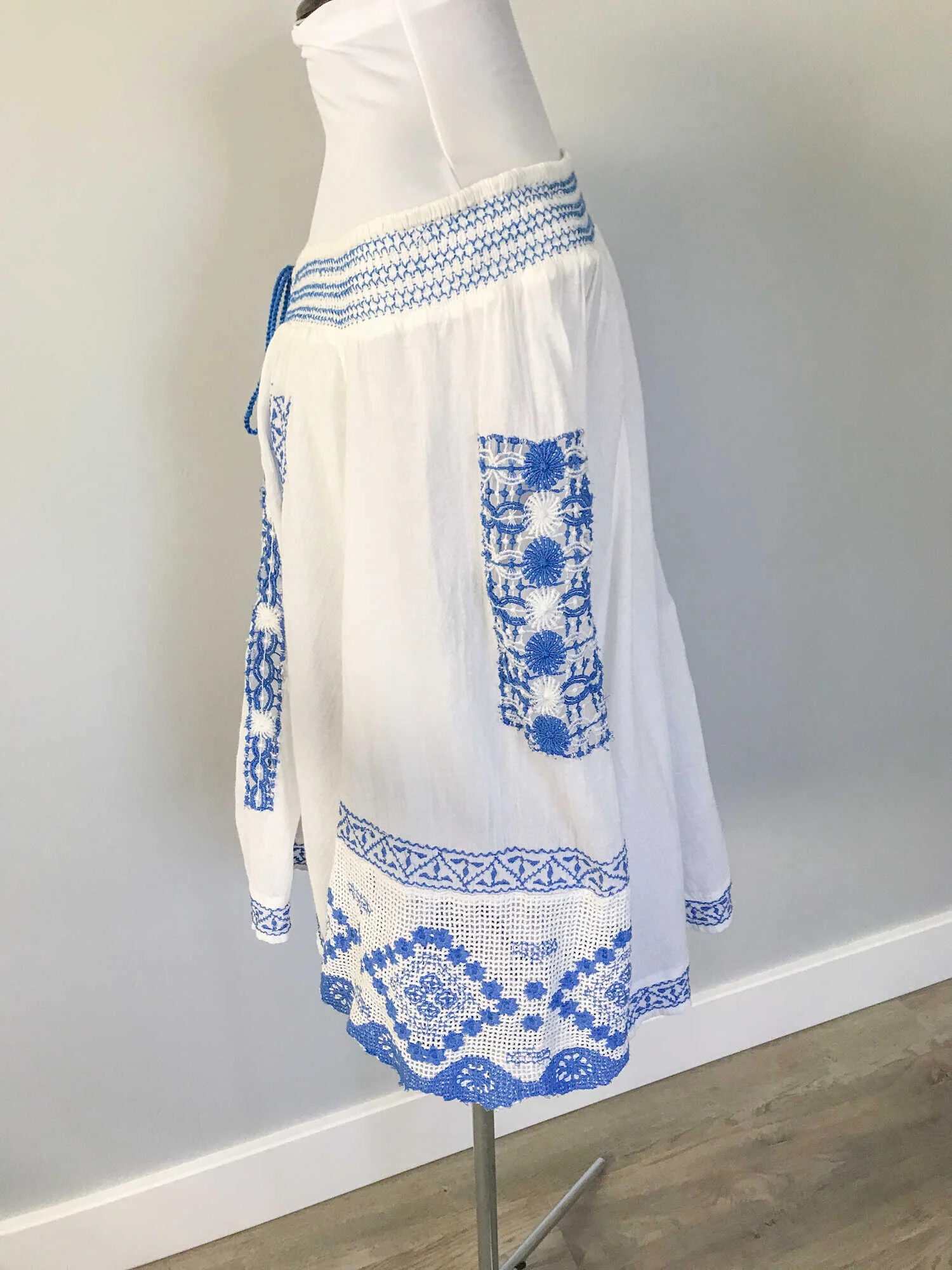 Free People Silver Springs White and Blue Embroidered Top