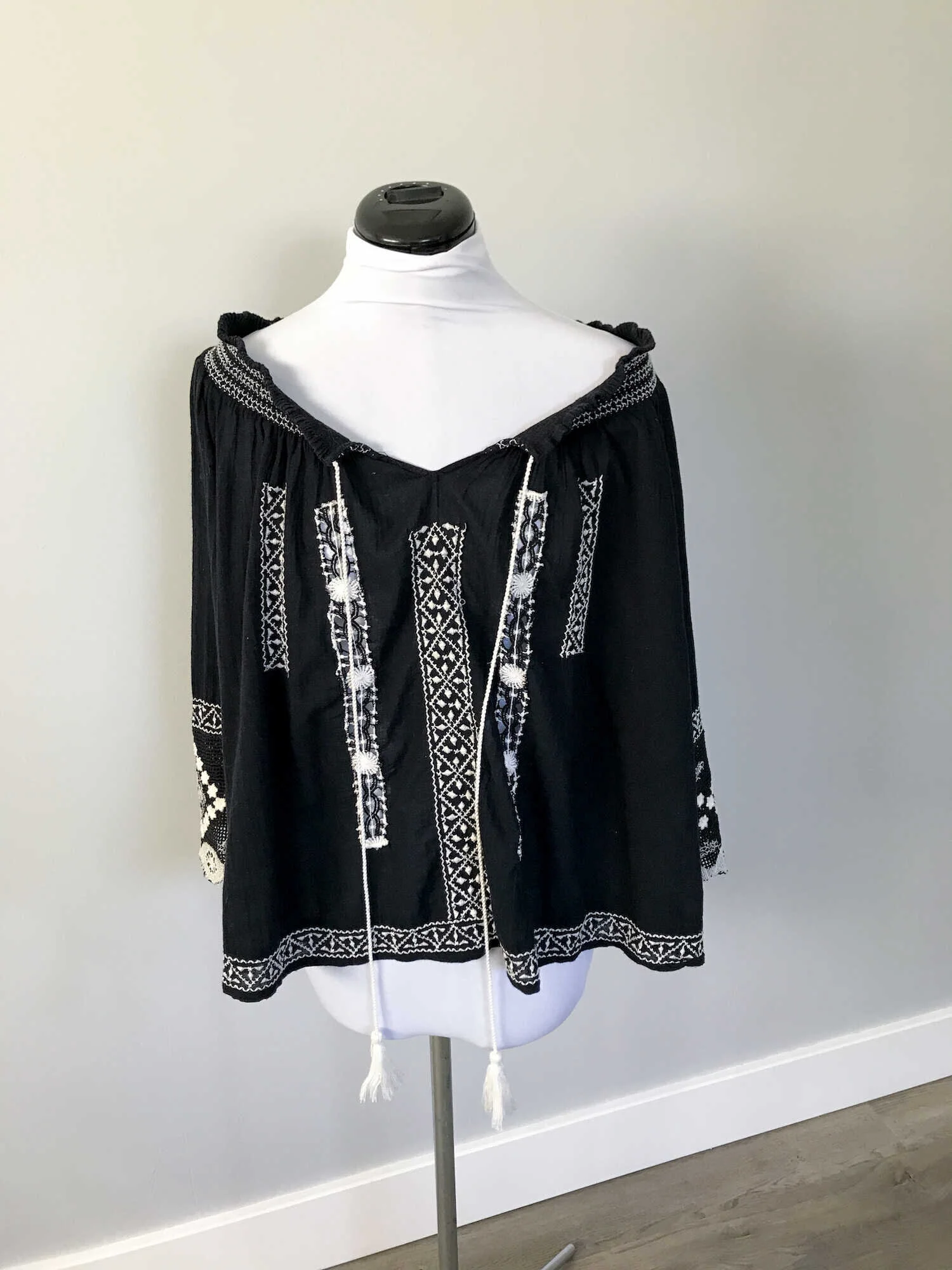 Free People Silver Springs Black Embroidered Peasant Top