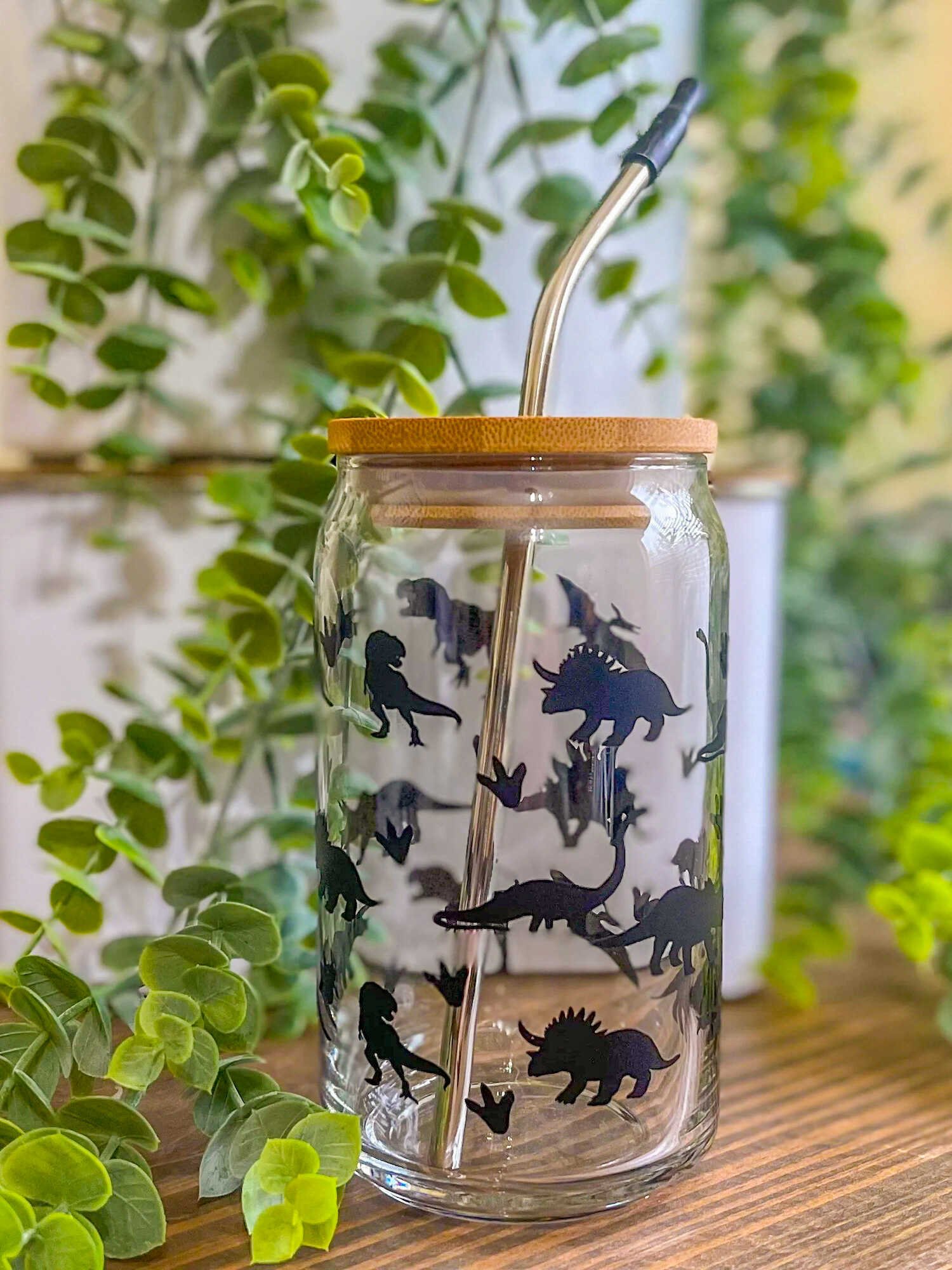 Dinosaur Glass Tumbler with Lid and Straw