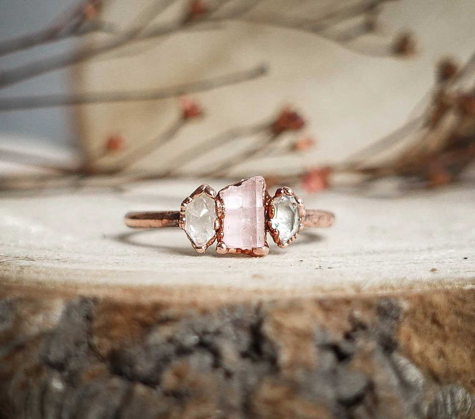 Herkimer Diamond and Pink Tourmaline Copper Ring
