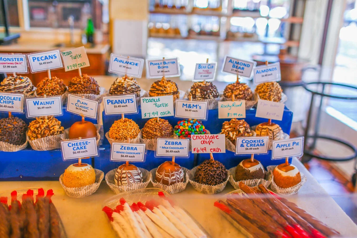 Visitor’s Guide to Old Sacramento - Candy and chocolate covered apples inside the Rocky Mountain Chocolate Factory.