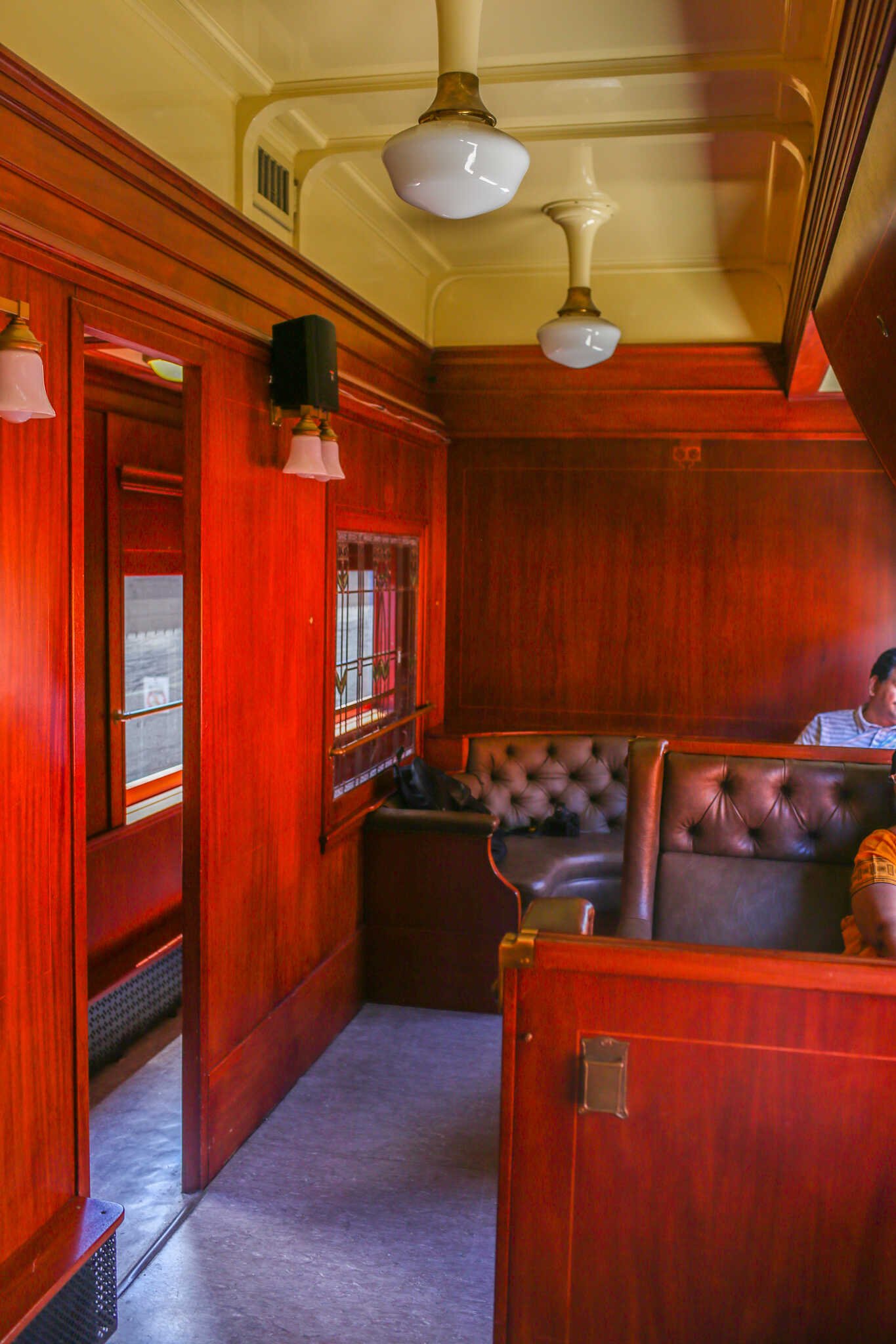 Visitor’s Guide to Old Sacramento - Riding inside the steam train cabin.