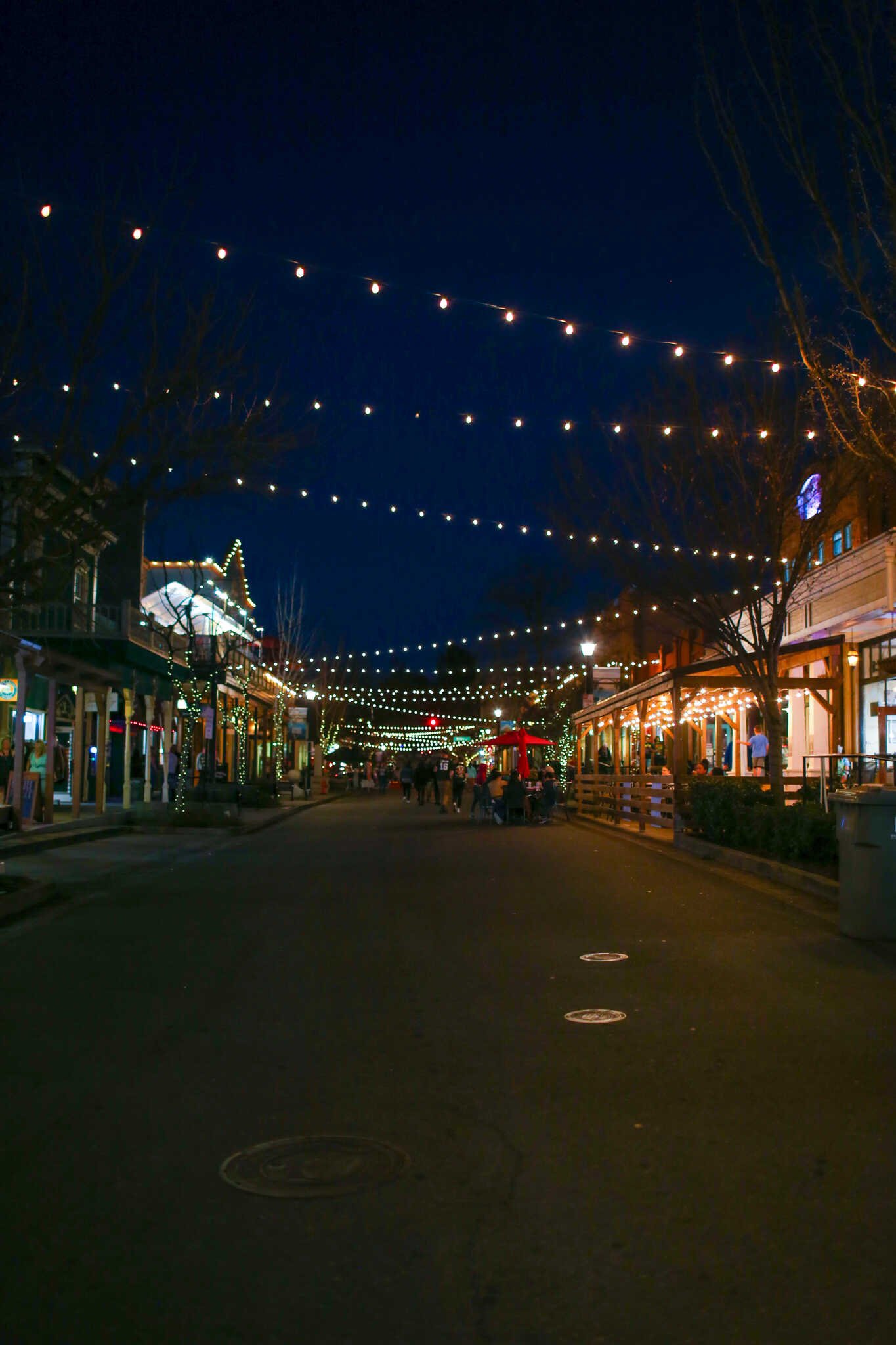 Family Travel Guide to Folsom California - Twinkle lights at night on Sutter St in the Folsom Historic District.