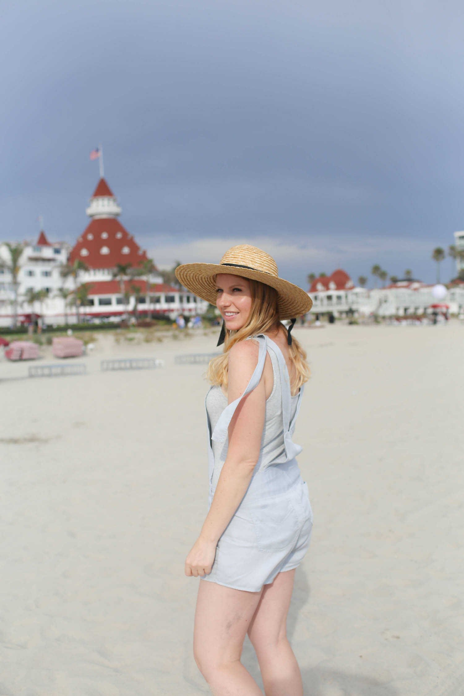 Beautiful Places in San Diego to Take Family Pictures - White sand at the Coronado Beach with Hotel del Coronado in the backdrop.