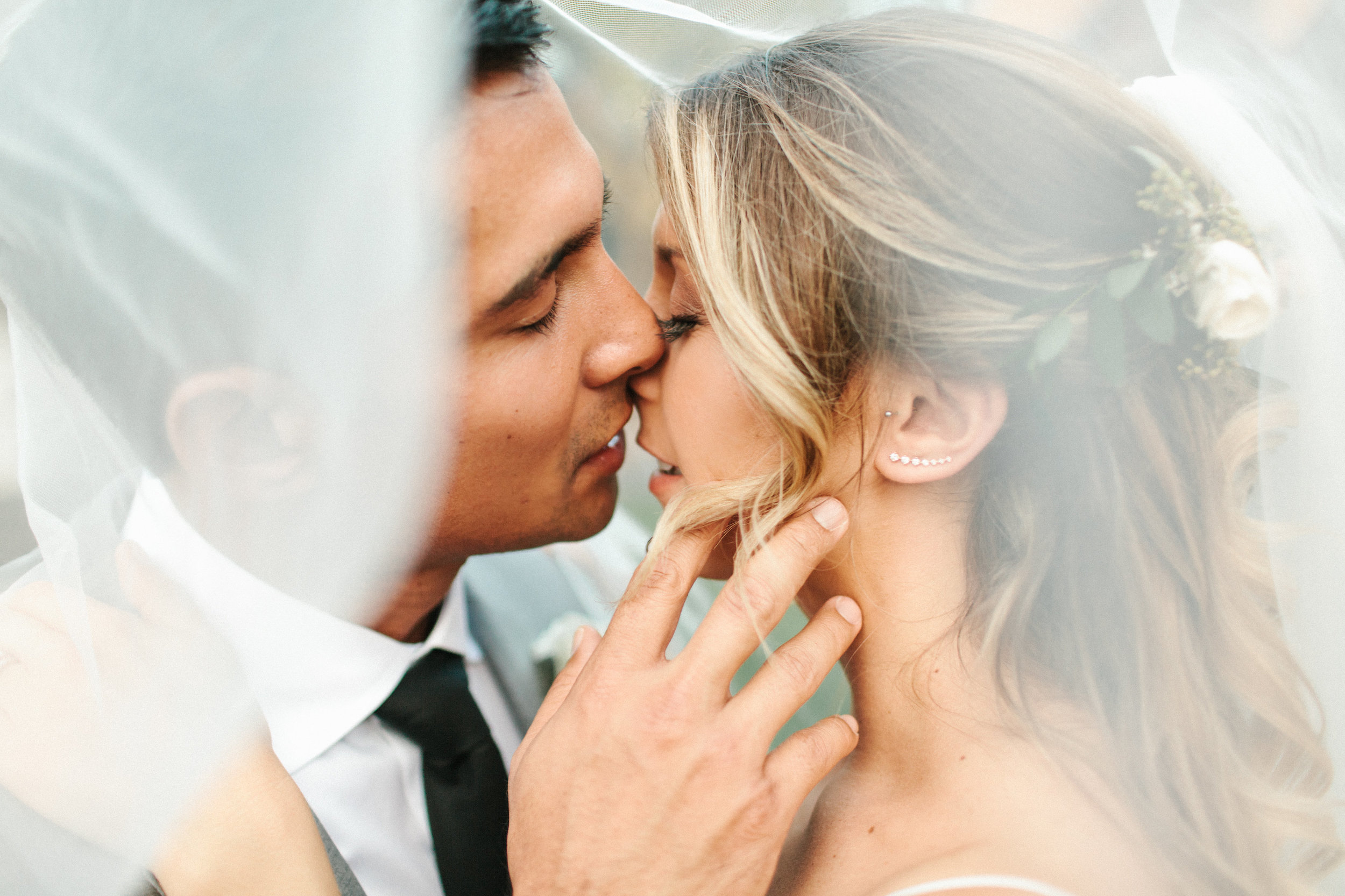  Bride and groom kissing under the veil for a wedding photo. 