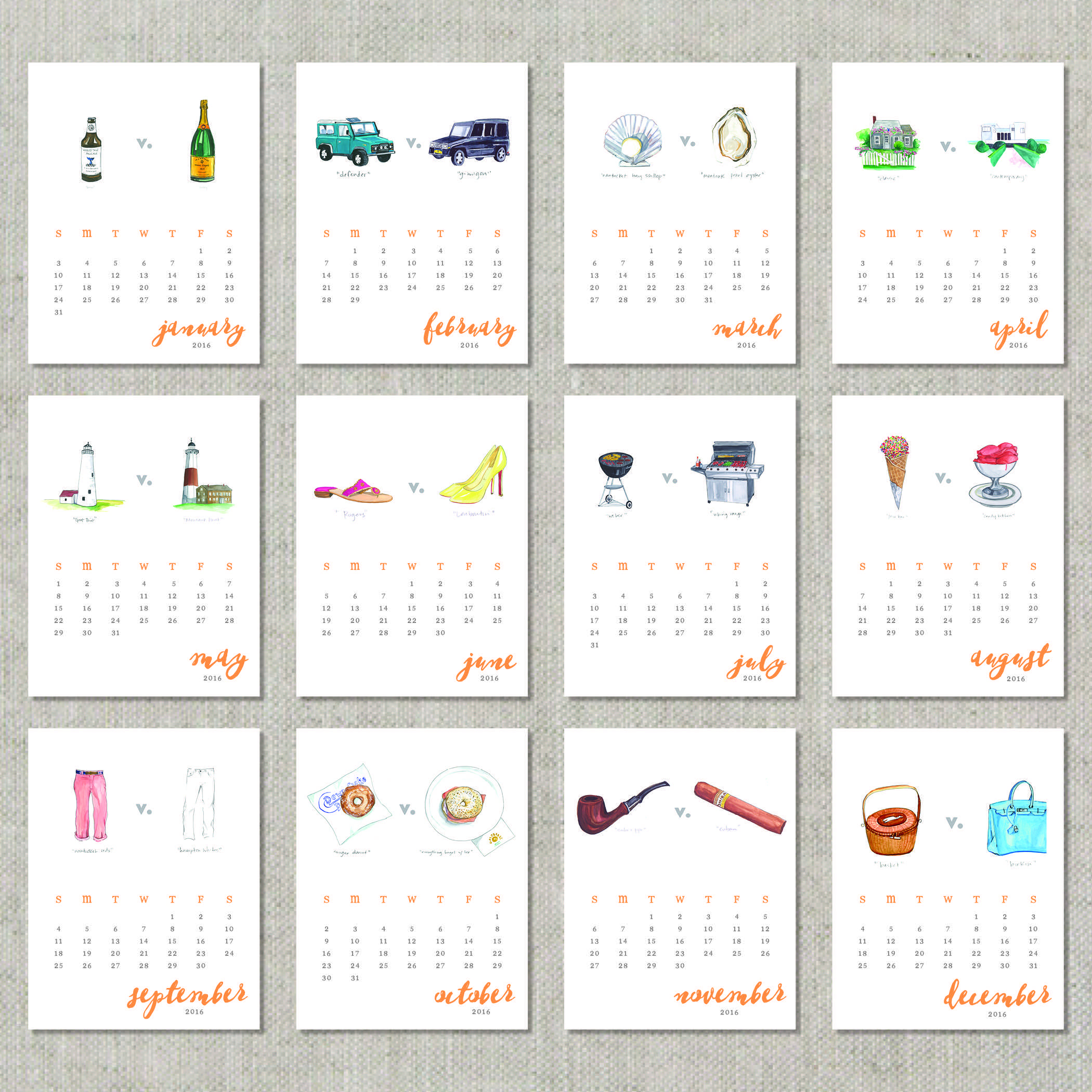 Printed on luxe 130lb paper with an eggshell finish, each 5x6.5” month features a one-of-a-kind watercolor that when trimmed turns into a 3.5x5" postcard. Mini magnet included to display each month.