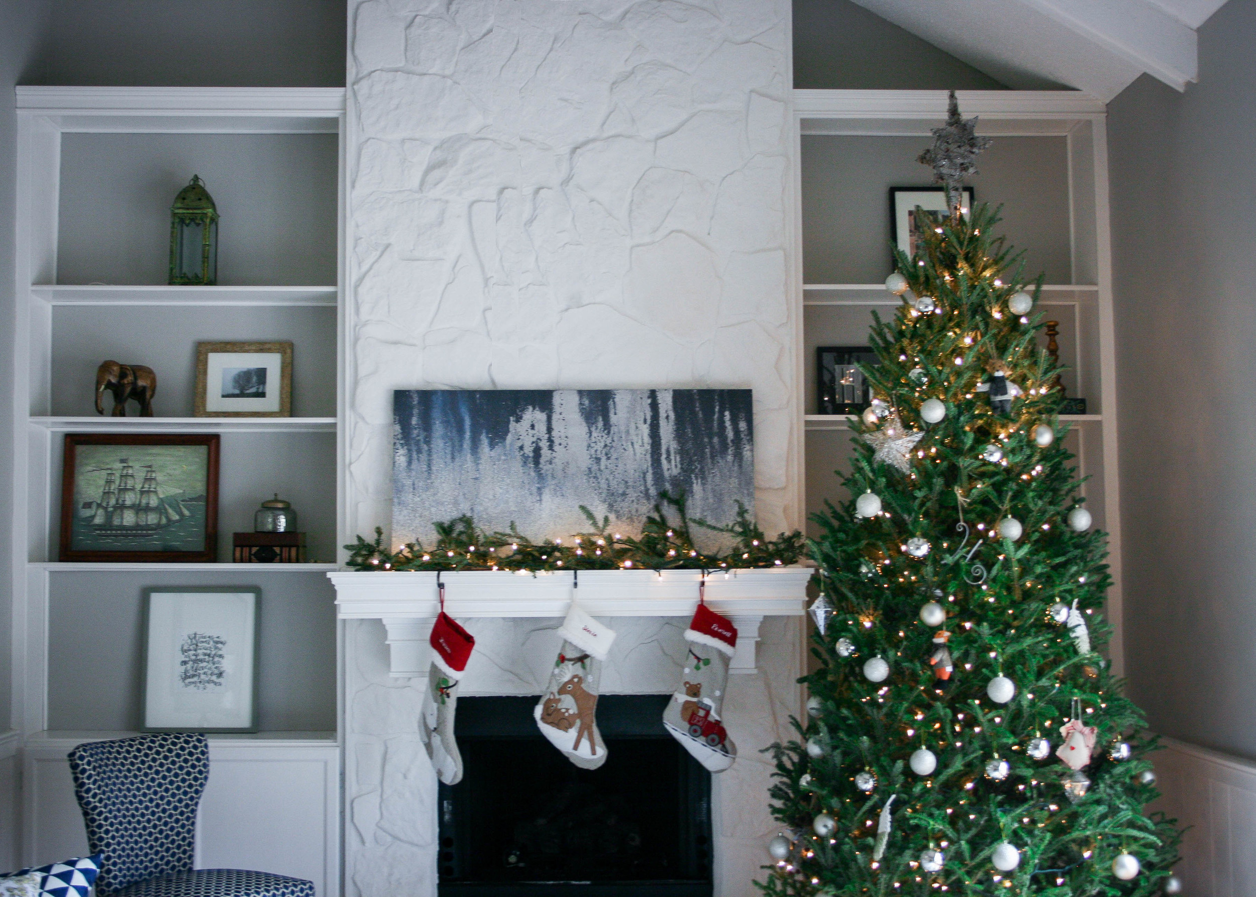 // Woodland Stockings - Pottery Barn Kids // Ornaments - Mostly Target // Tree Topper - The Nest // Hand-Lettered Print (Bottom Left) - Jenny Highsmith //